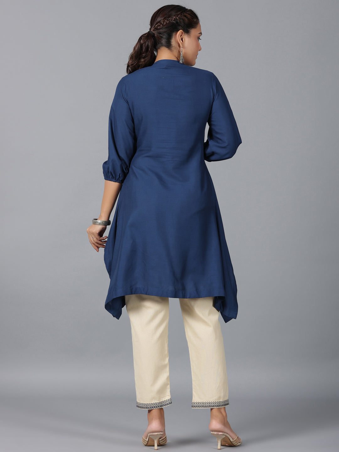 Juniper Women Navy Blue Rayon Embroidered Asymmetric Kurta & Pants Set