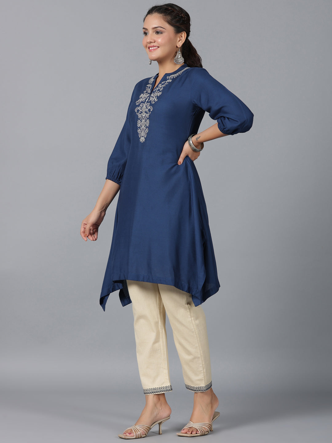 Juniper Women Navy Blue Rayon Embroidered Asymmetric Kurta & Pants Set