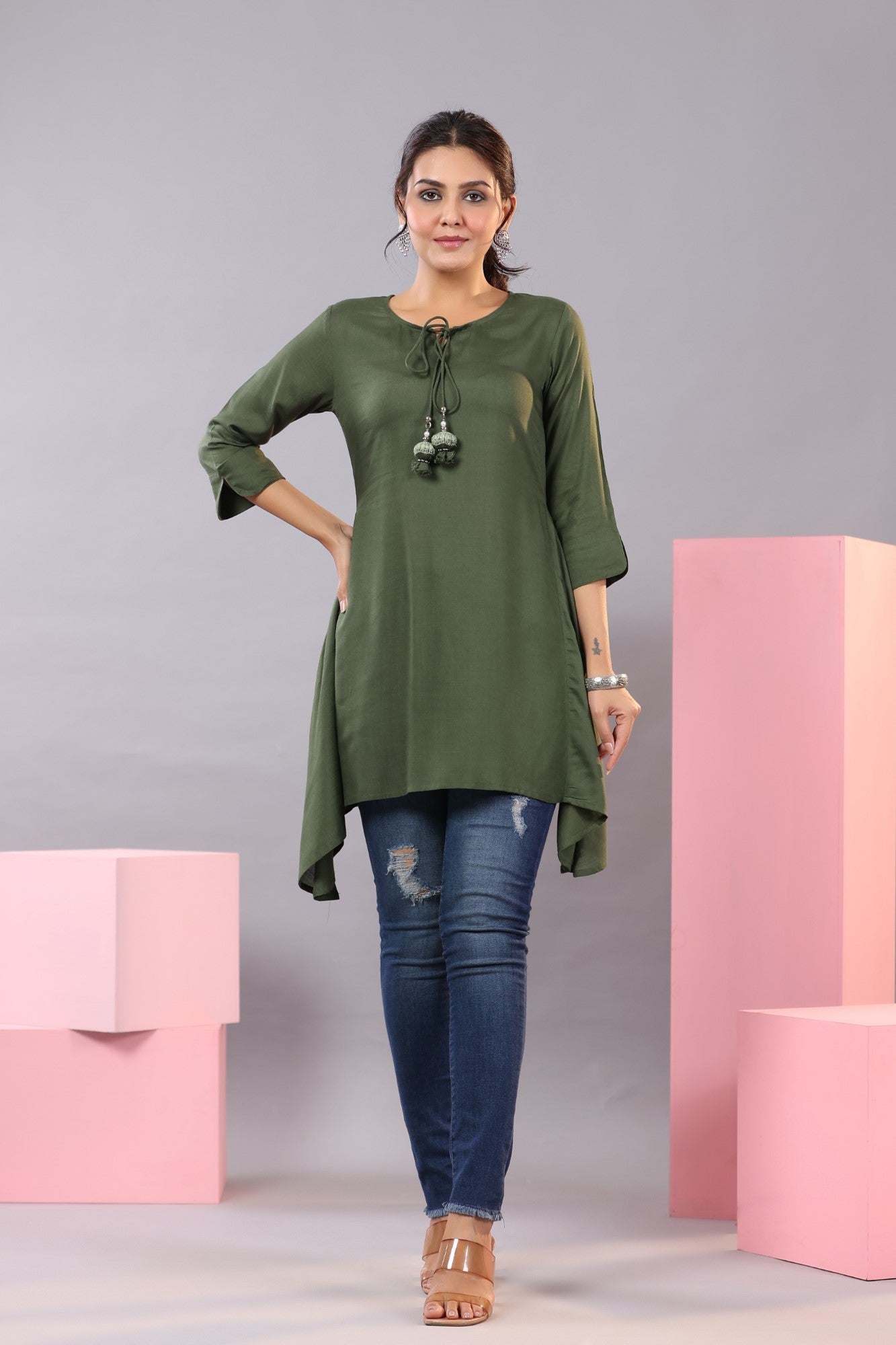 Juniper Women Olive Rayon Solid Asymmetric Kurta