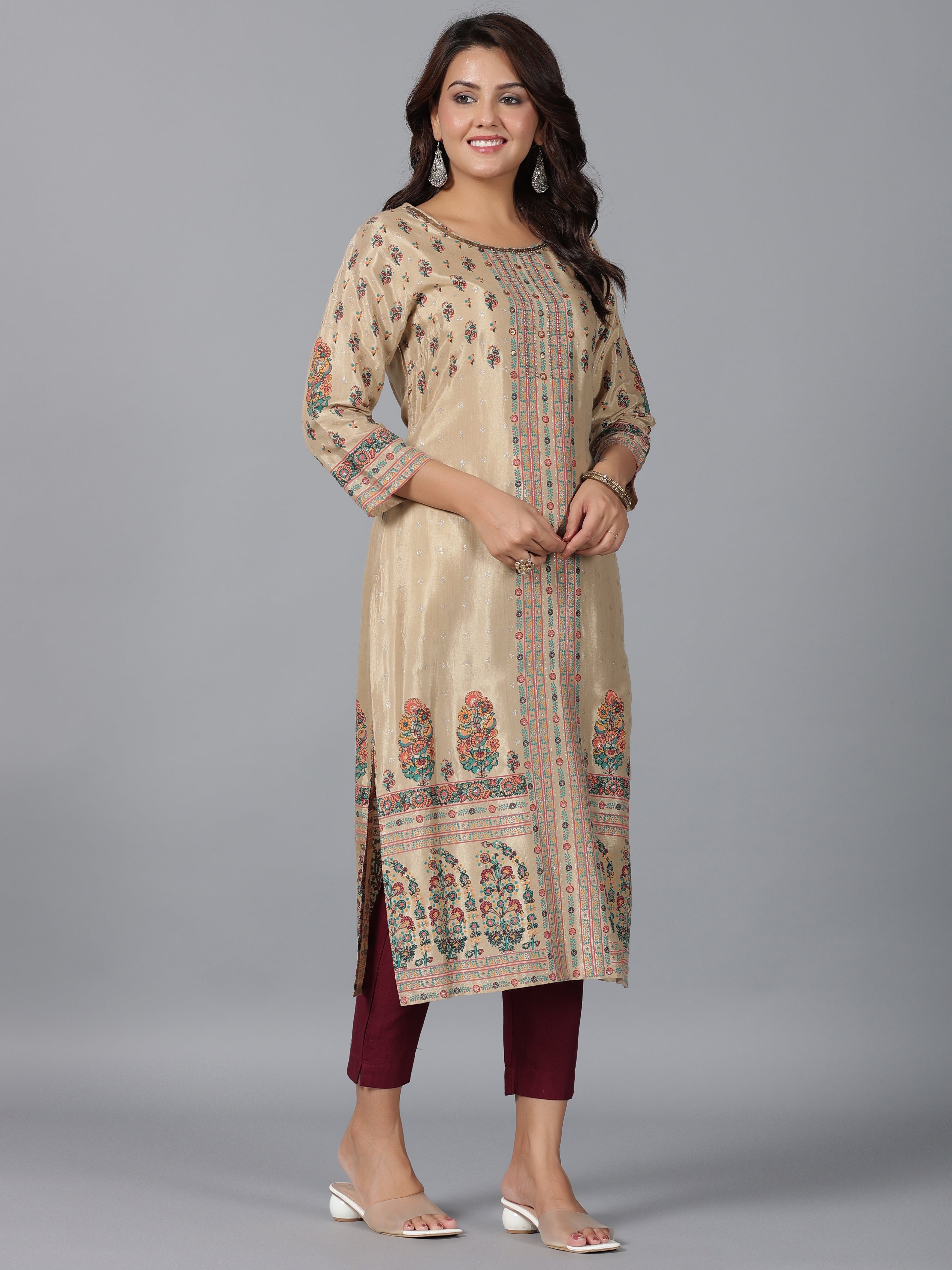 Juniper Women Beige Shantoon Printed Straight Kurta