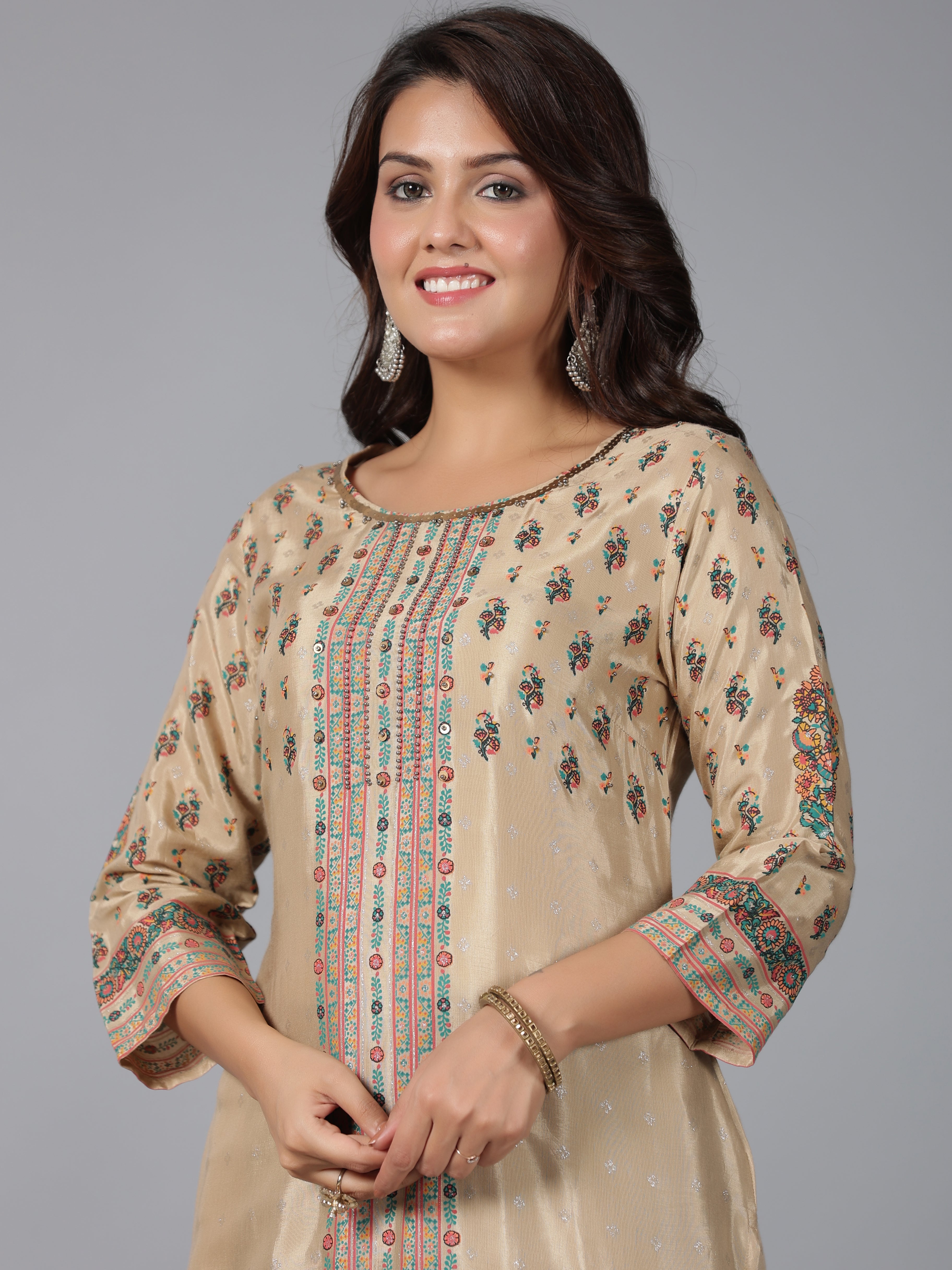 Juniper Women Beige Shantoon Printed Straight Kurta