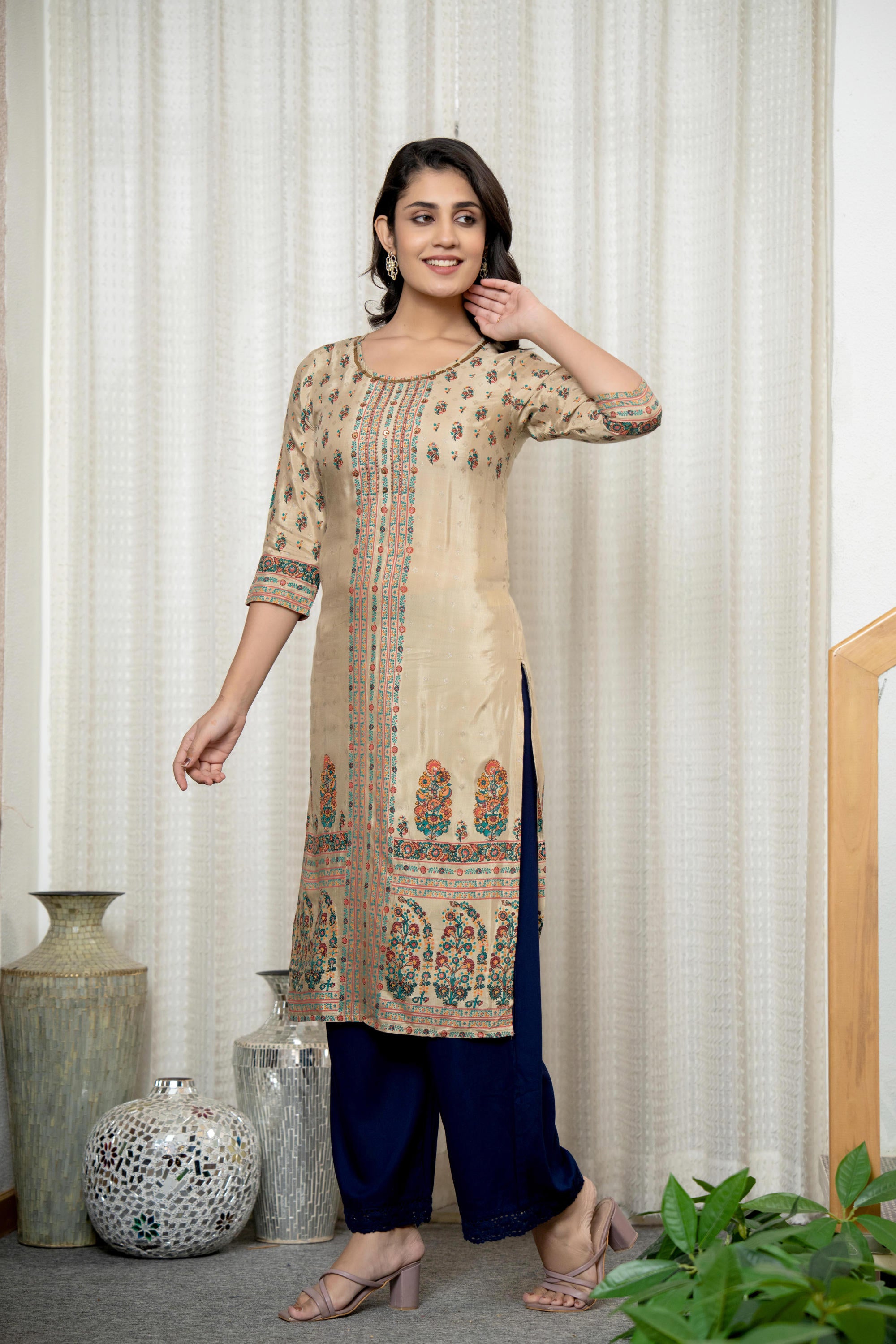 Beige Floral Printed Viscose Kurta With Beads & Sequins