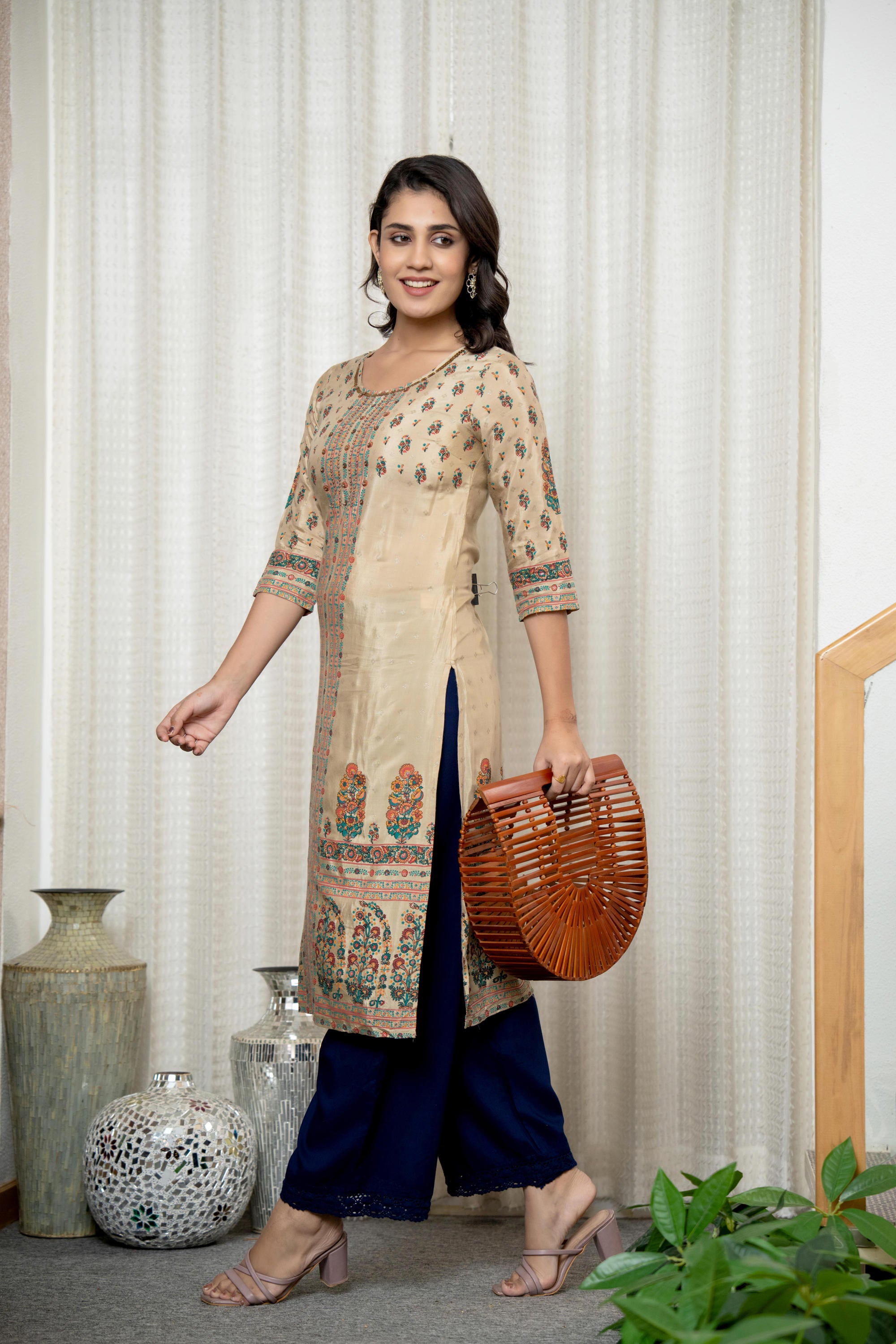 Beige Floral Printed Viscose Kurta With Beads & Sequins