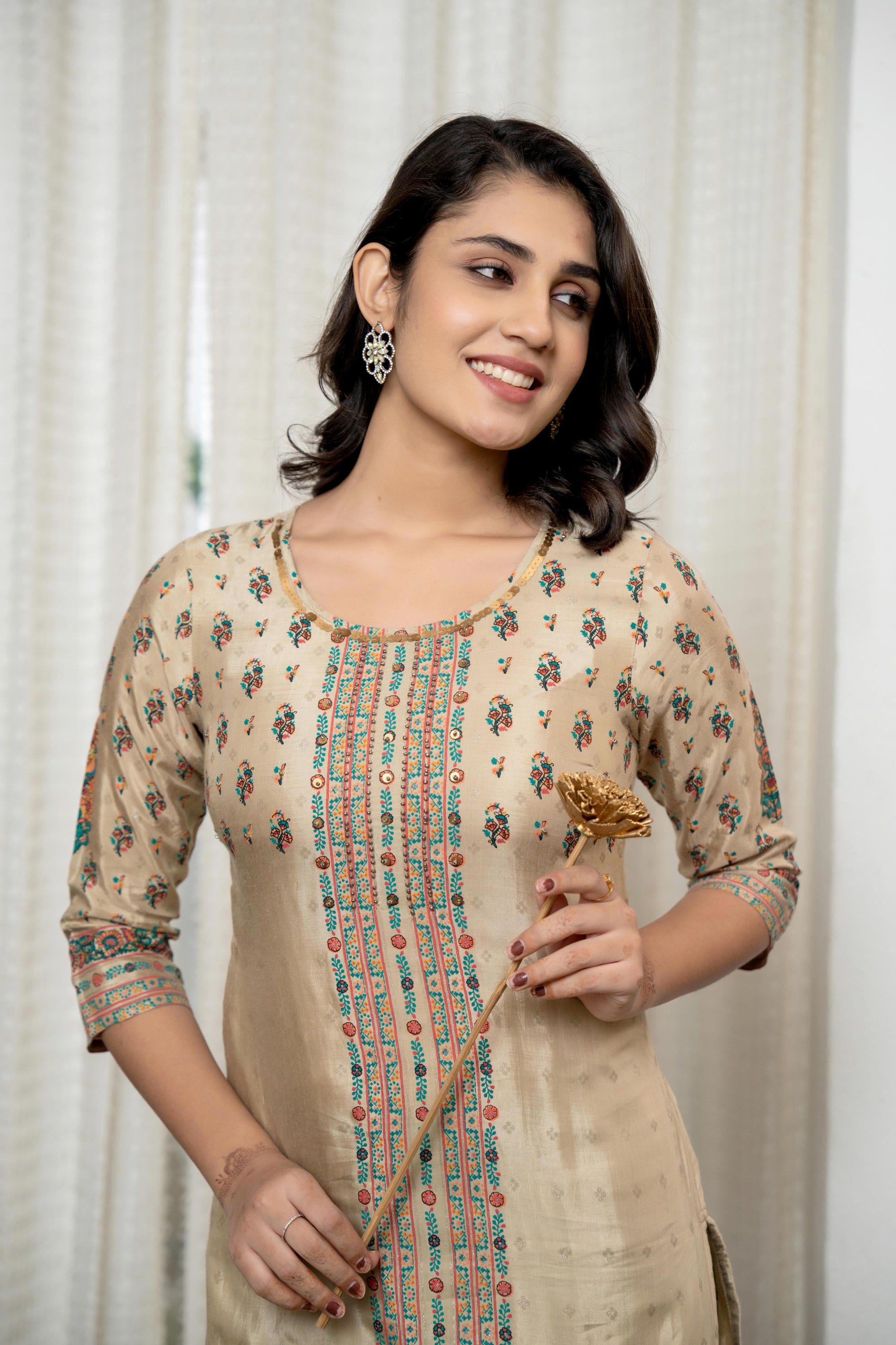 Beige Floral Printed Viscose Kurta With Beads & Sequins