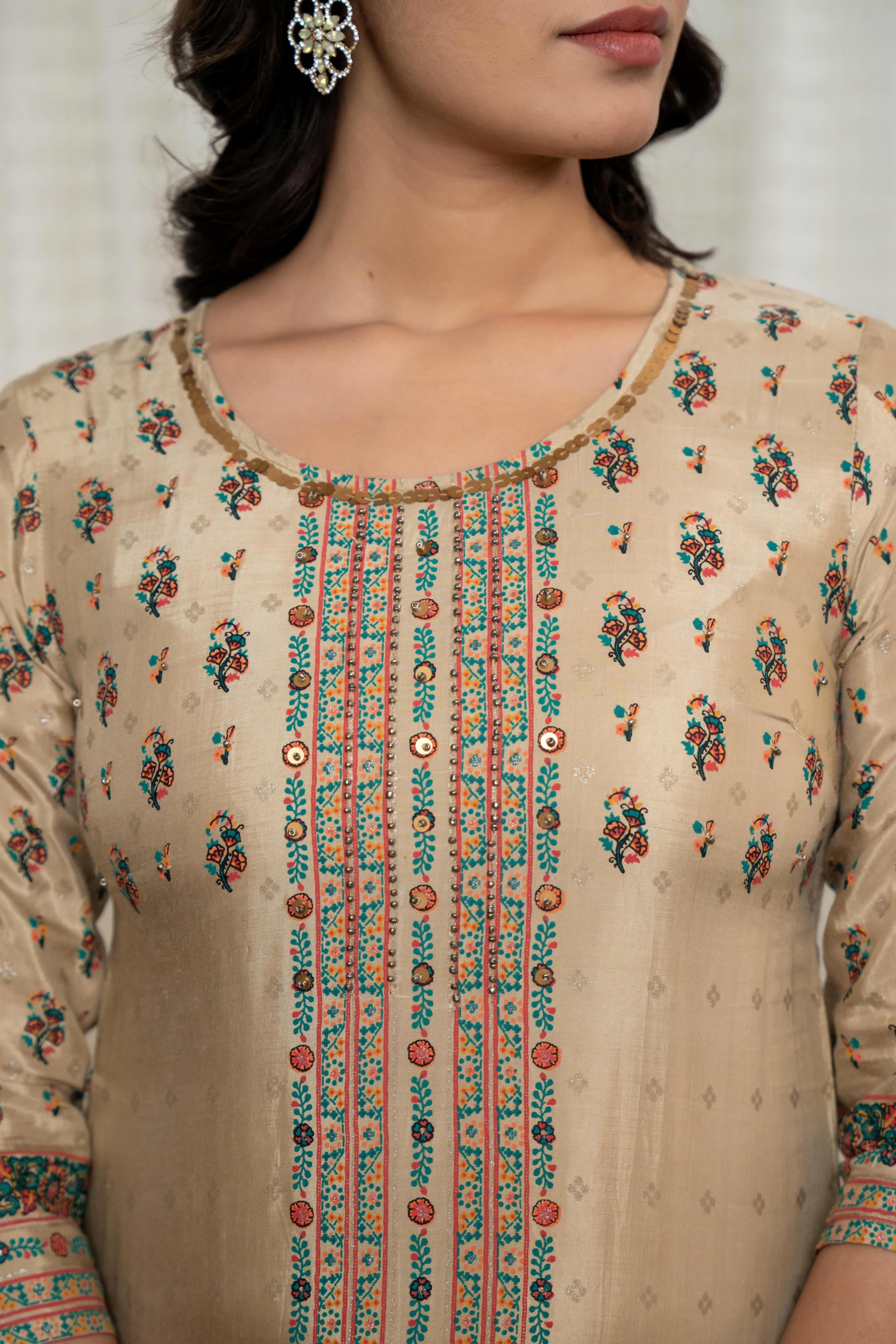 Beige Floral Printed Viscose Kurta With Beads & Sequins