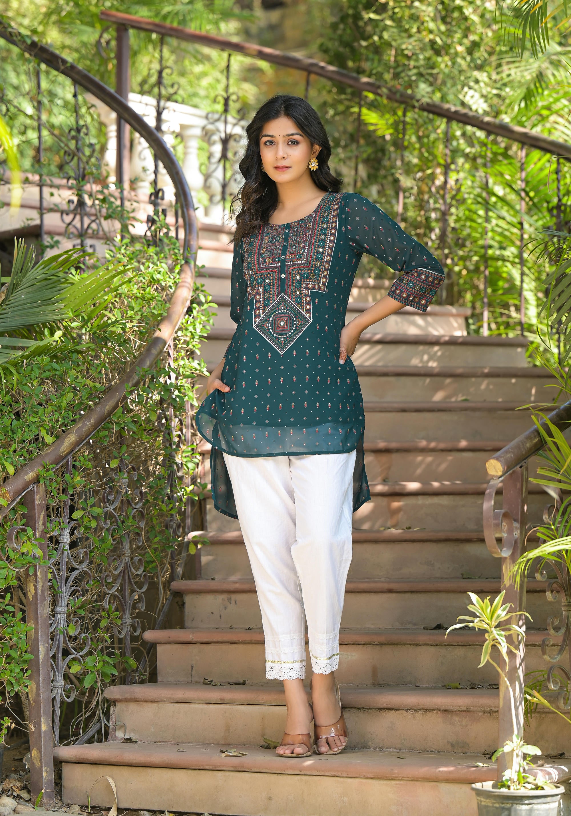 Green Ethnic Motif Printed Tunic With Sequins & Mirror Work