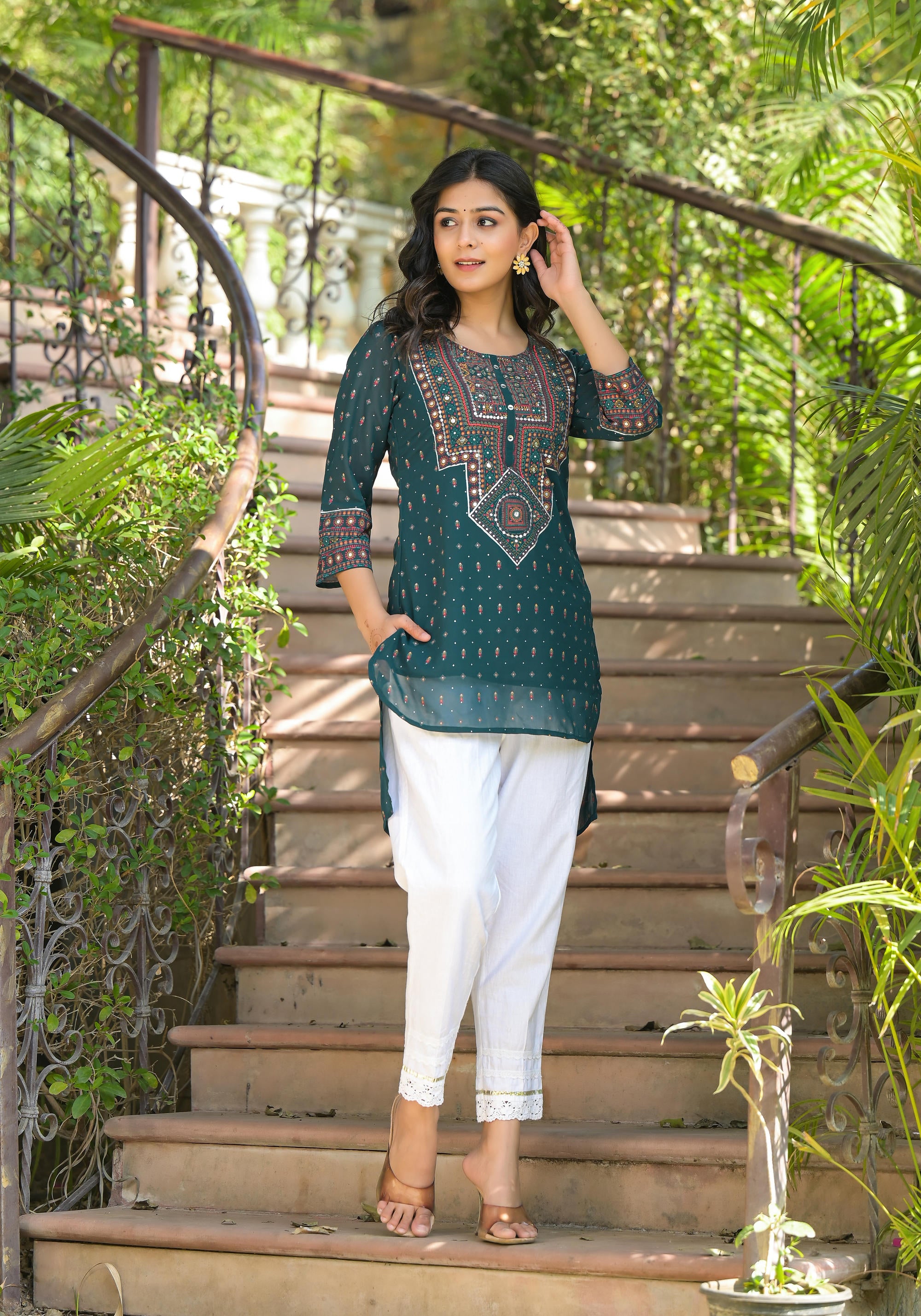 Green Ethnic Motif Printed Tunic With Sequins & Mirror Work