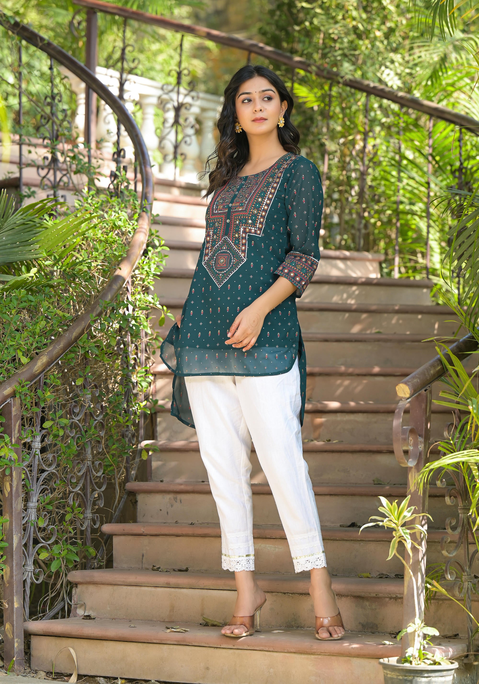 Green Ethnic Motif Printed Tunic With Sequins & Mirror Work