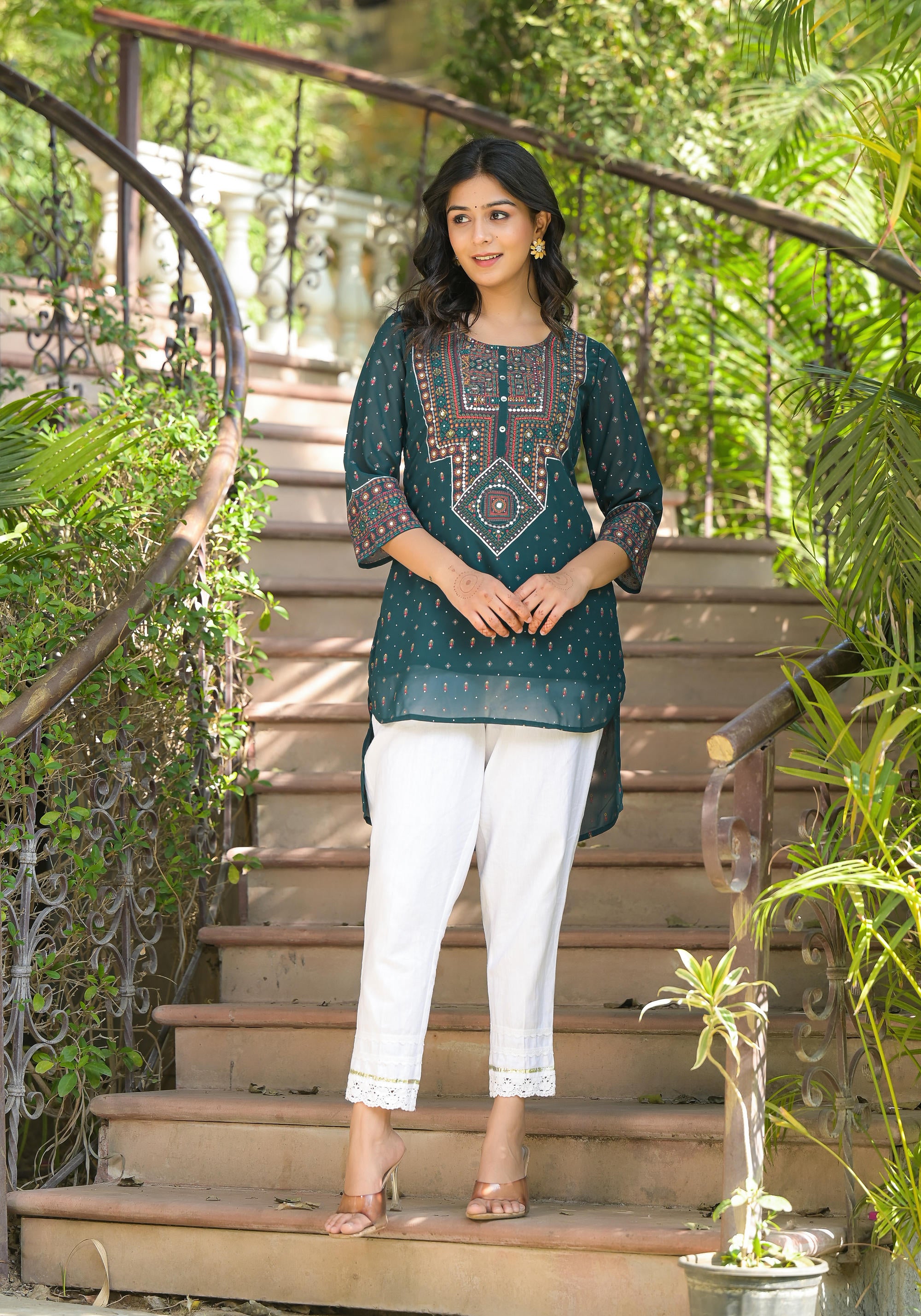 Green Ethnic Motif Printed Tunic With Sequins & Mirror Work