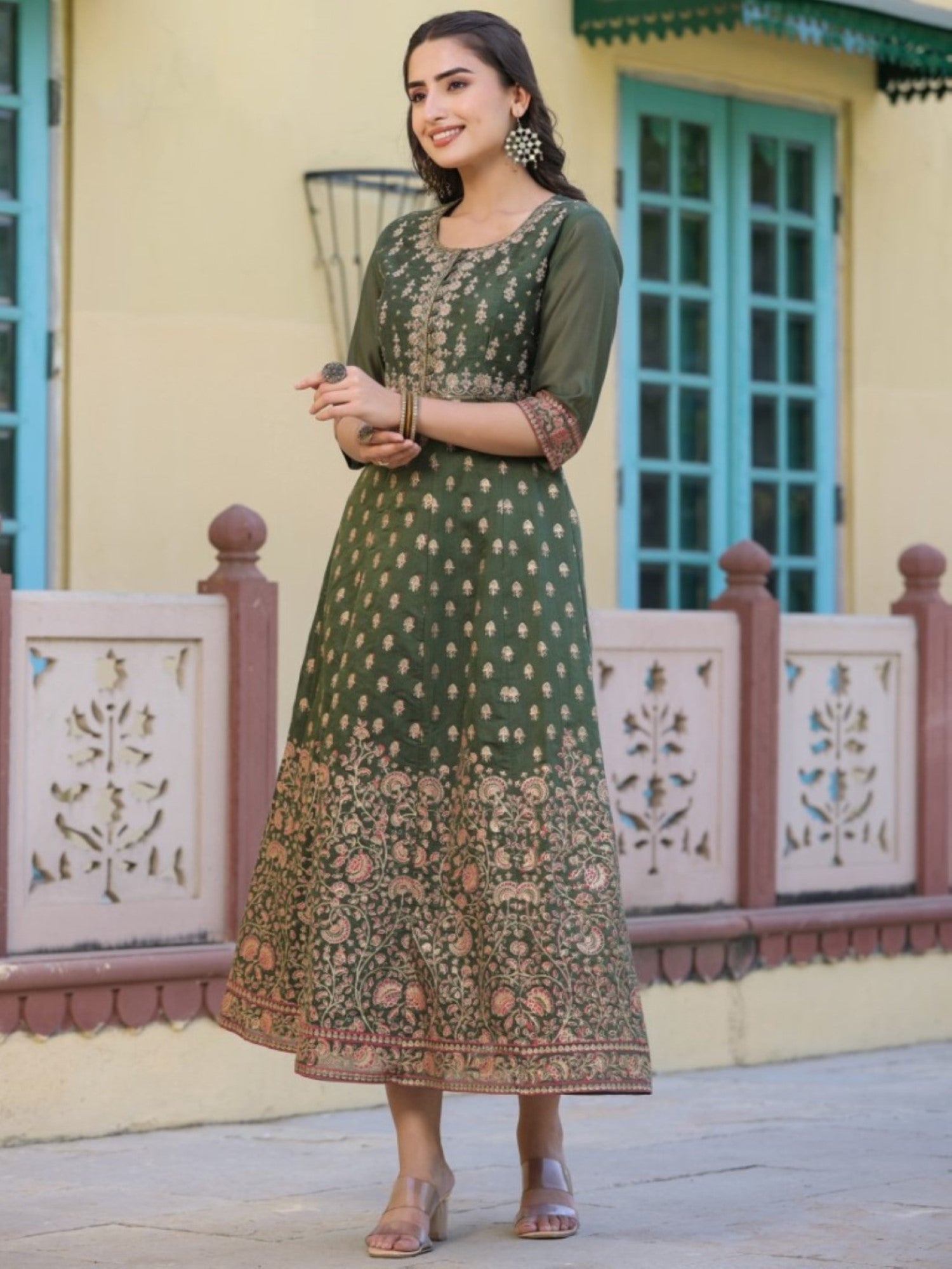 Juniper Women Olive Chanderi Printed Maxi Dress with Embroidered Yoke