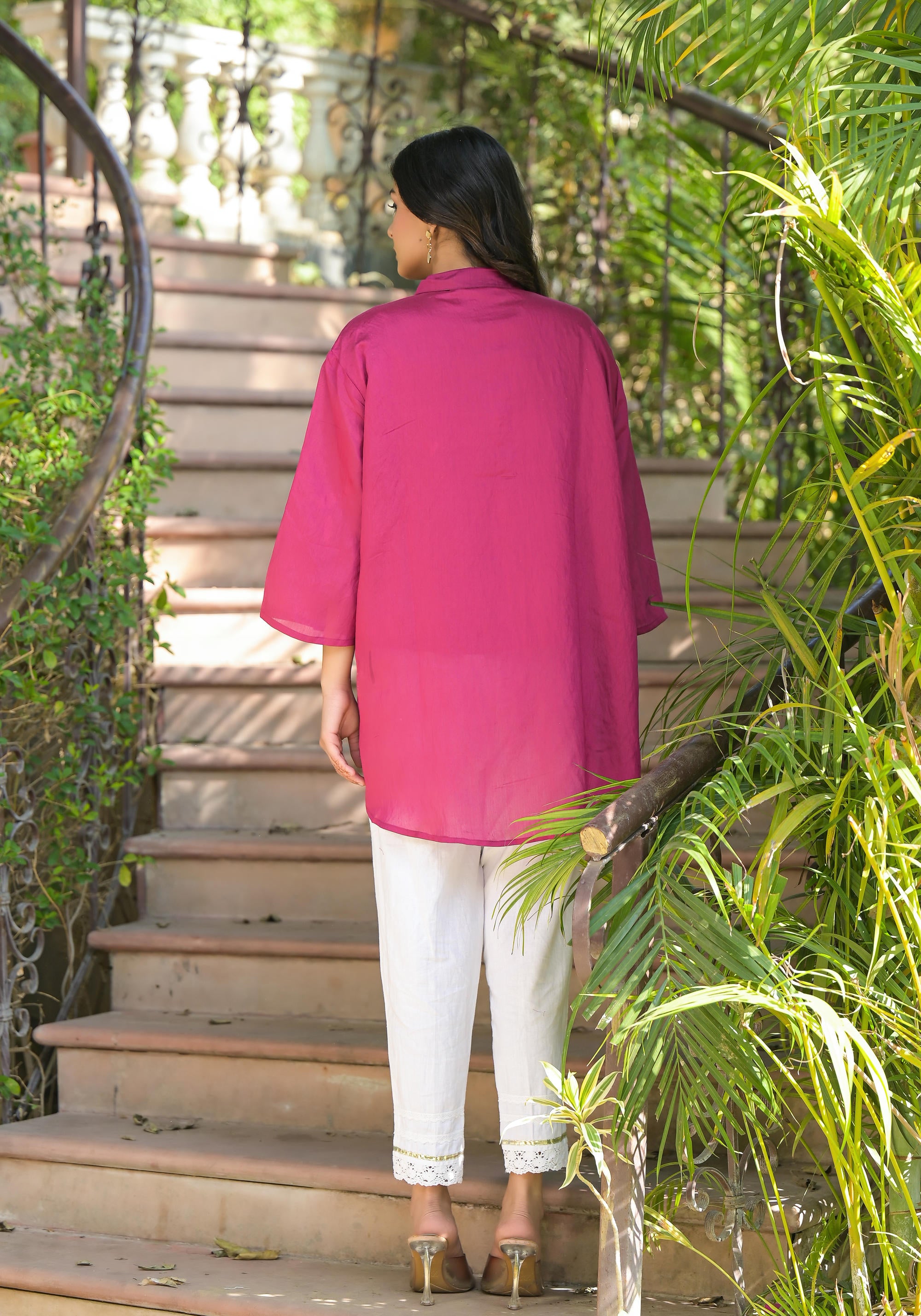 Fuchsia Thread Embroidered Chanderi Tunic With Button Closure