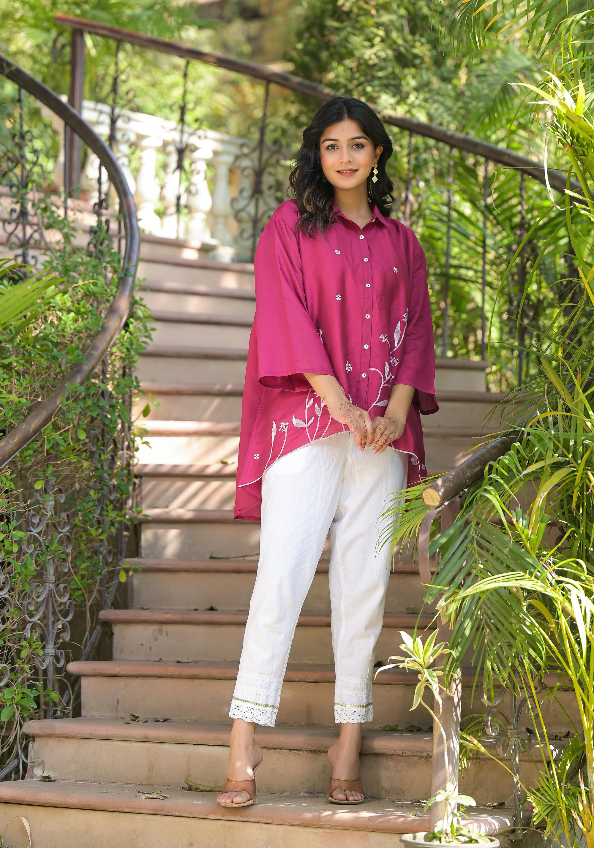 Fuchsia Thread Embroidered Chanderi Tunic With Button Closure