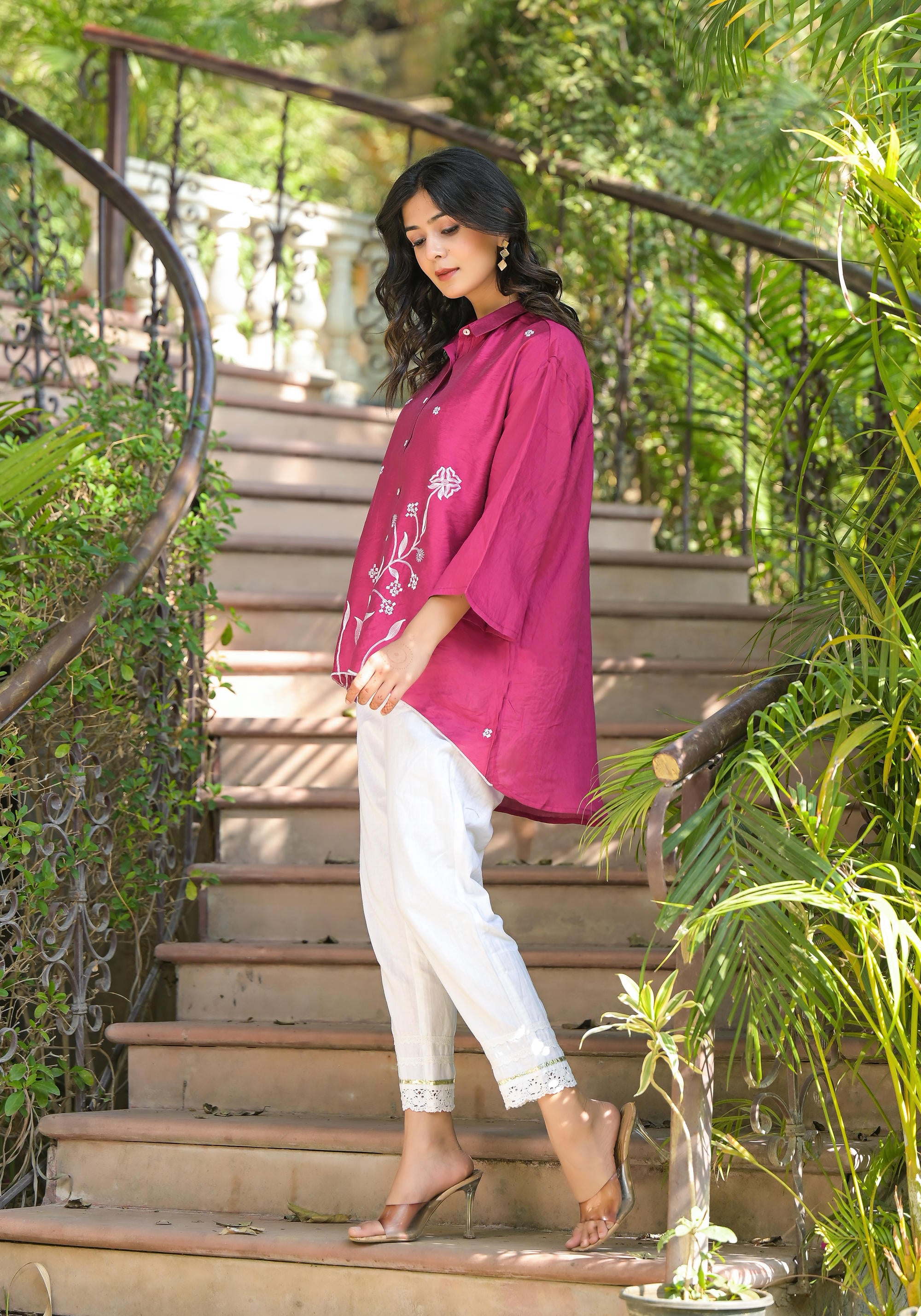 Fuchsia Thread Embroidered Chanderi Tunic With Button Closure