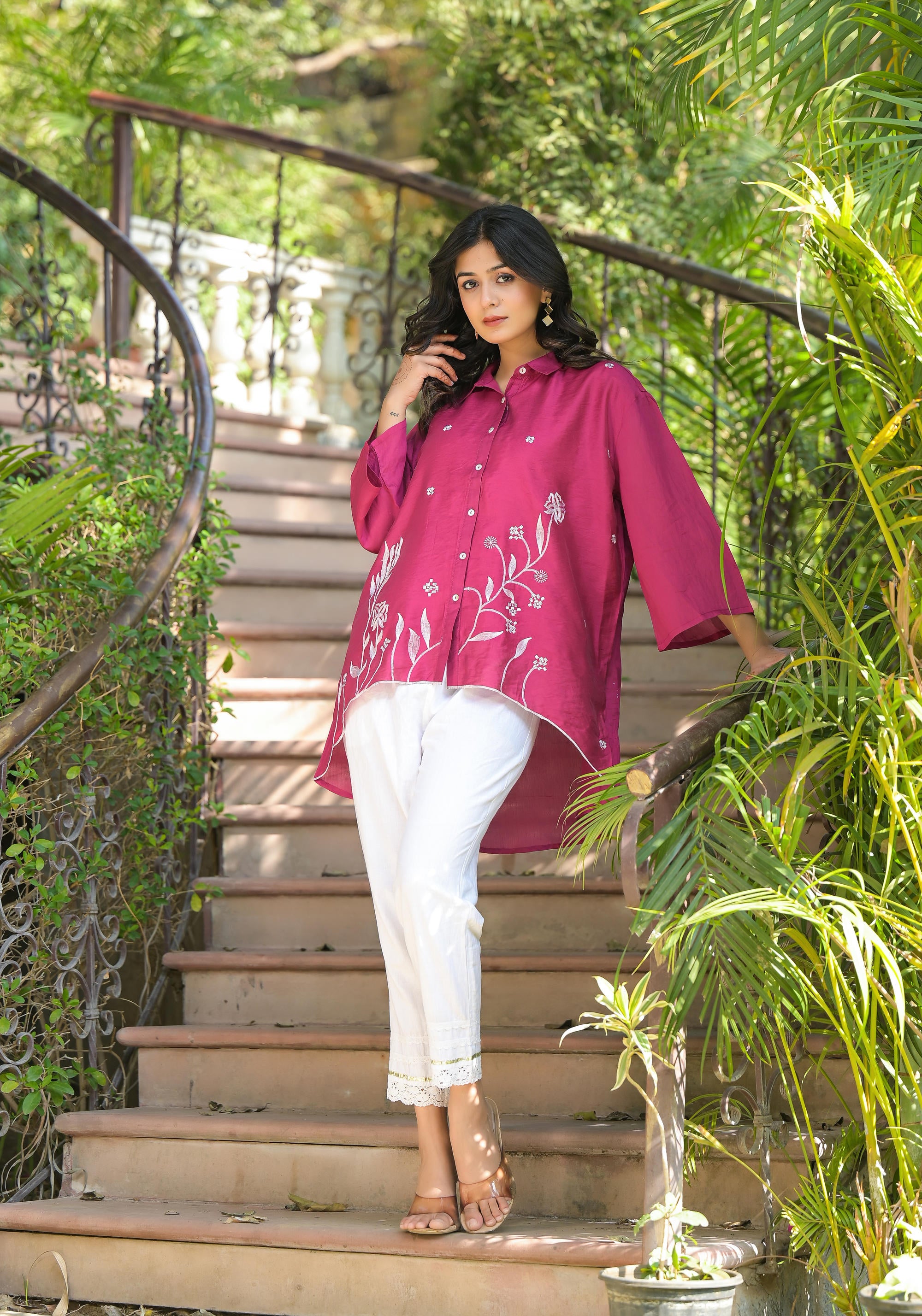 Fuchsia Thread Embroidered Chanderi Tunic With Button Closure