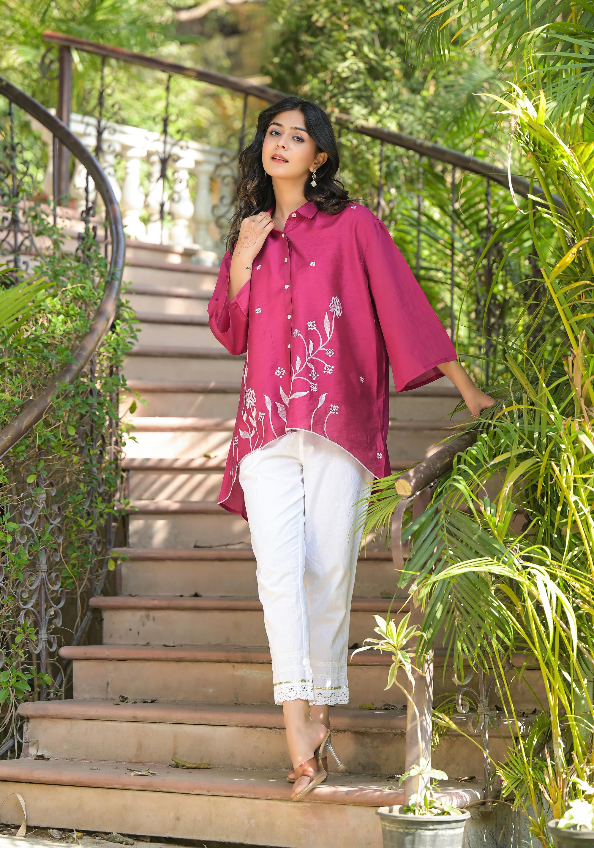 Fuchsia Thread Embroidered Chanderi Tunic With Button Closure