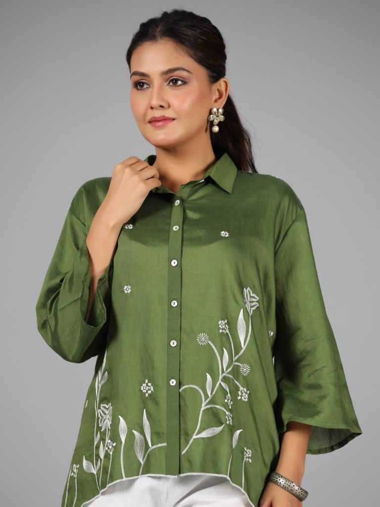 Juniper Women Olive Chanderi Embroidered Clothing Set