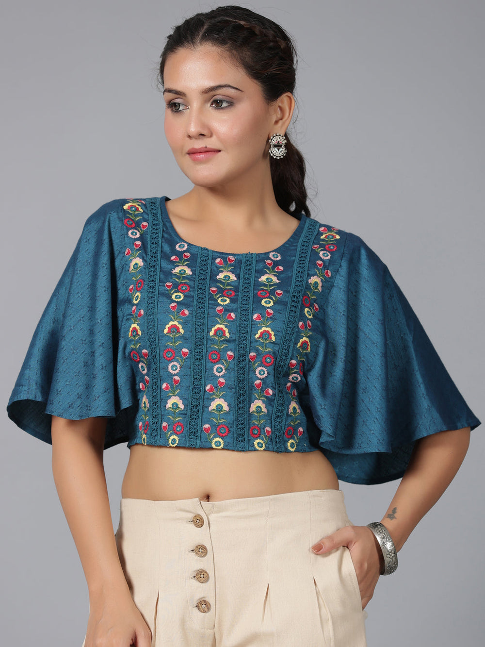 Juniper Women Blue LIVA Rayon Embroidered Clothing Set