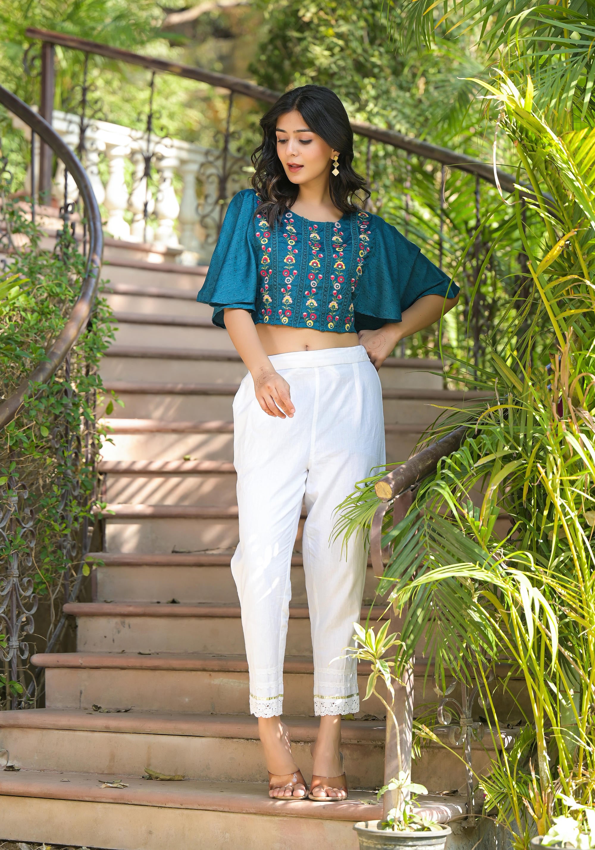 Blue Thread Embroidered Liva Rayon Top With Mirror Work