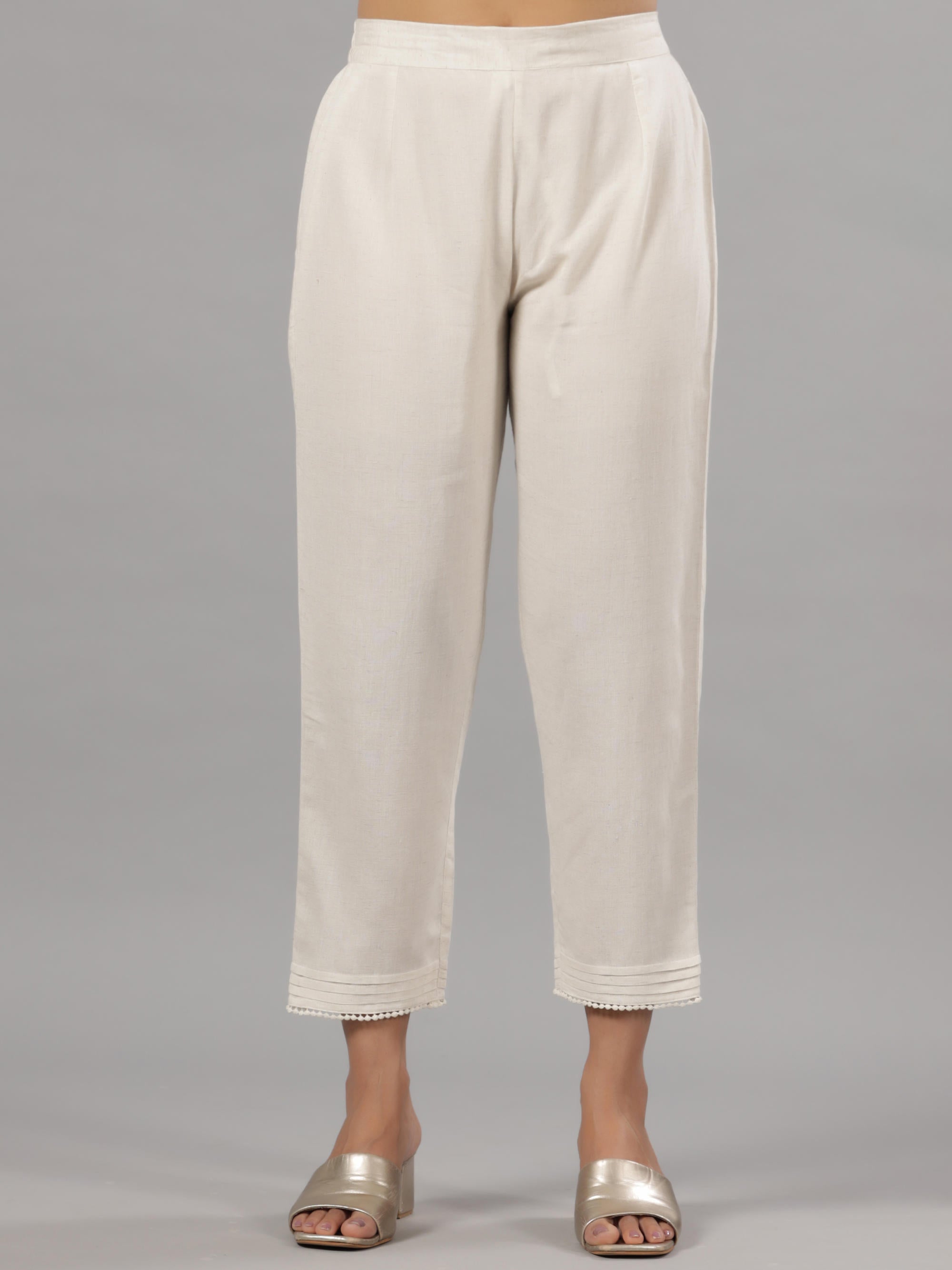 Natural Solid Liva Rayon Pant With Lace