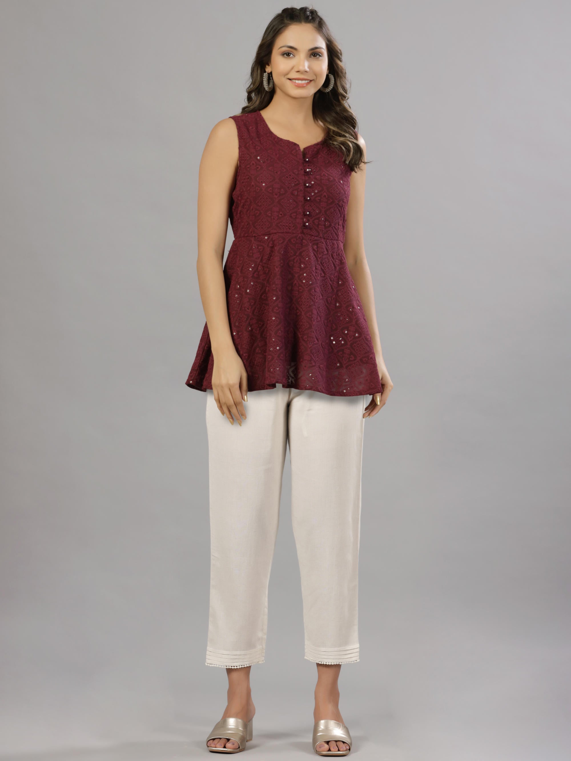 Natural Solid Liva Rayon Pant With Lace