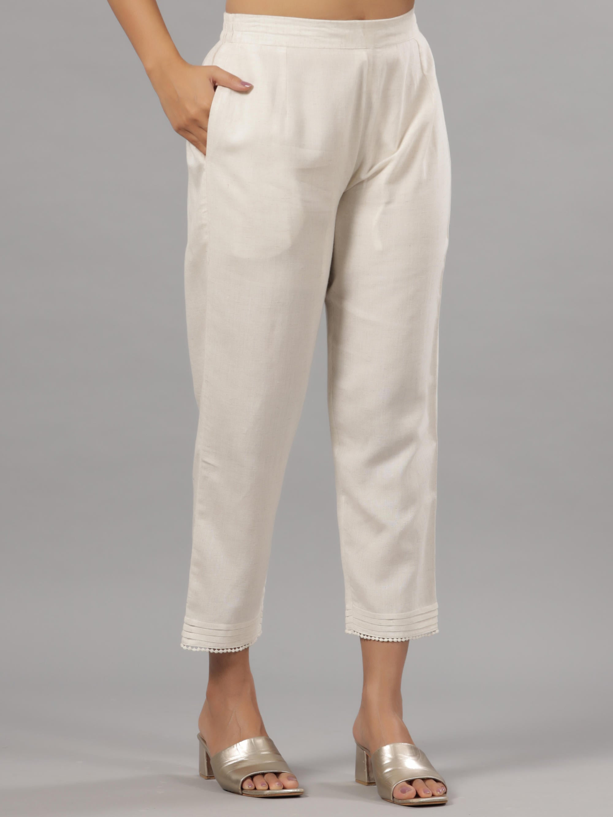 Natural Solid Liva Rayon Pant With Lace