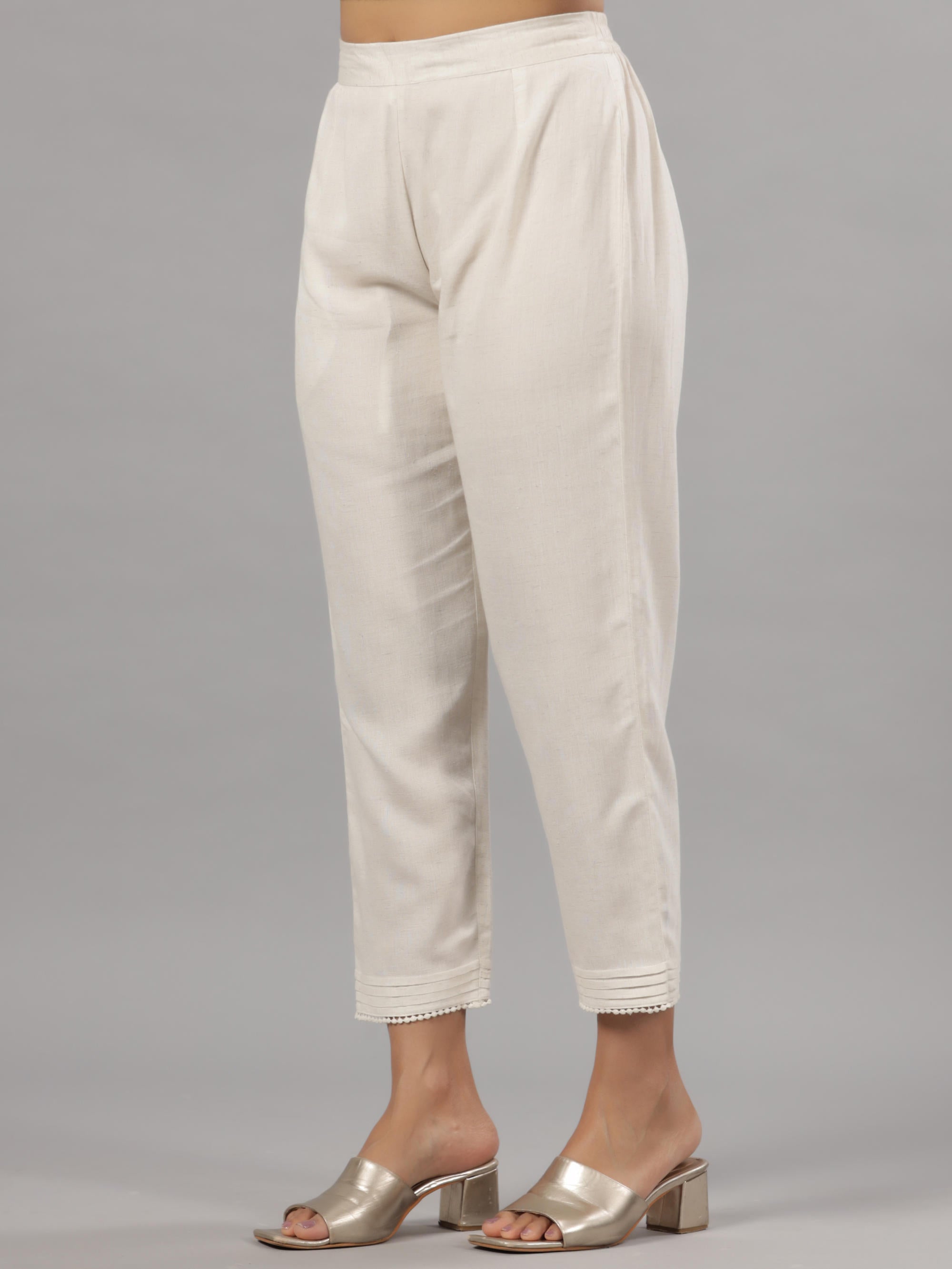 Natural Solid Liva Rayon Pant With Lace