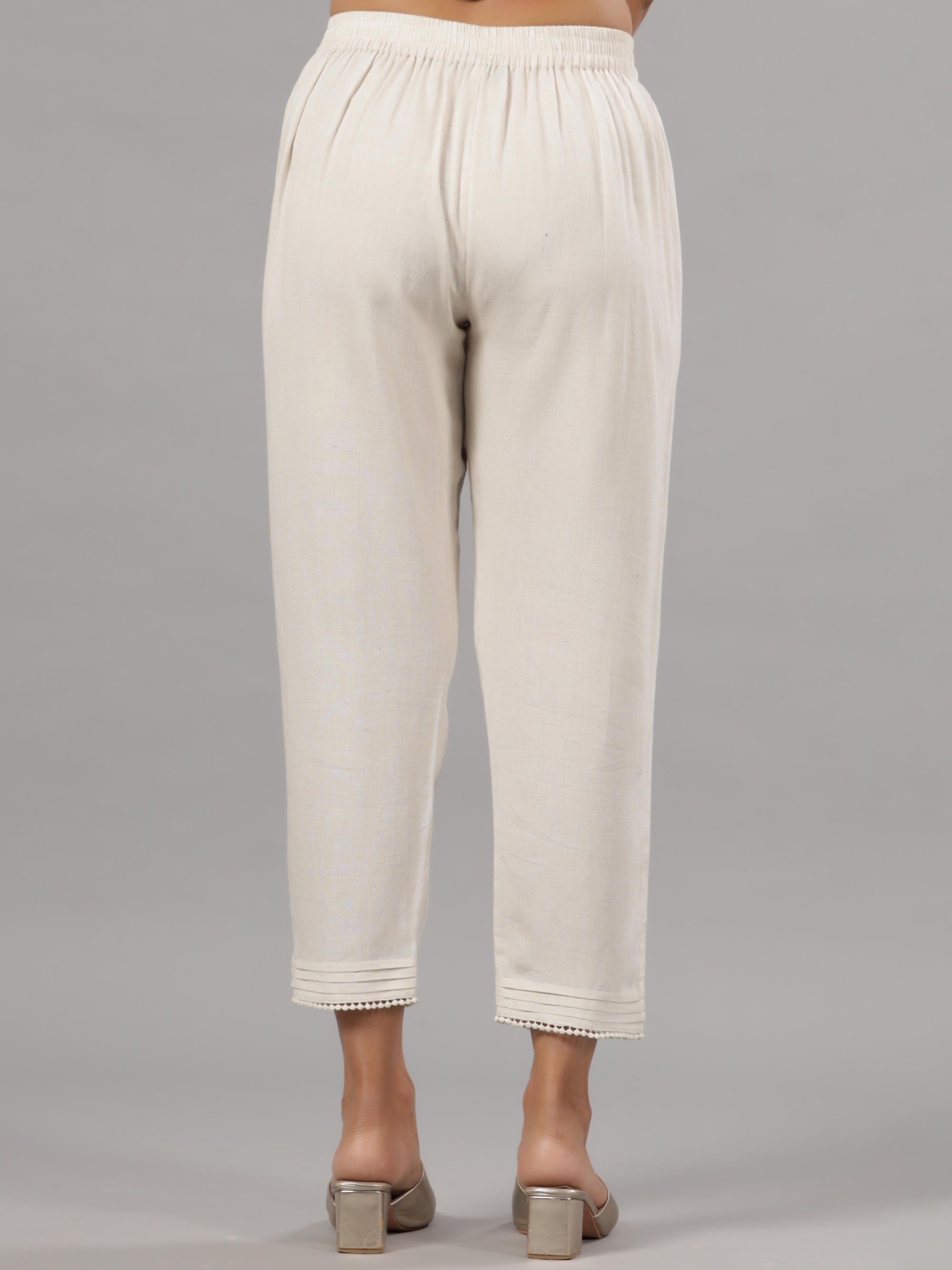 Natural Solid Liva Rayon Pant With Lace