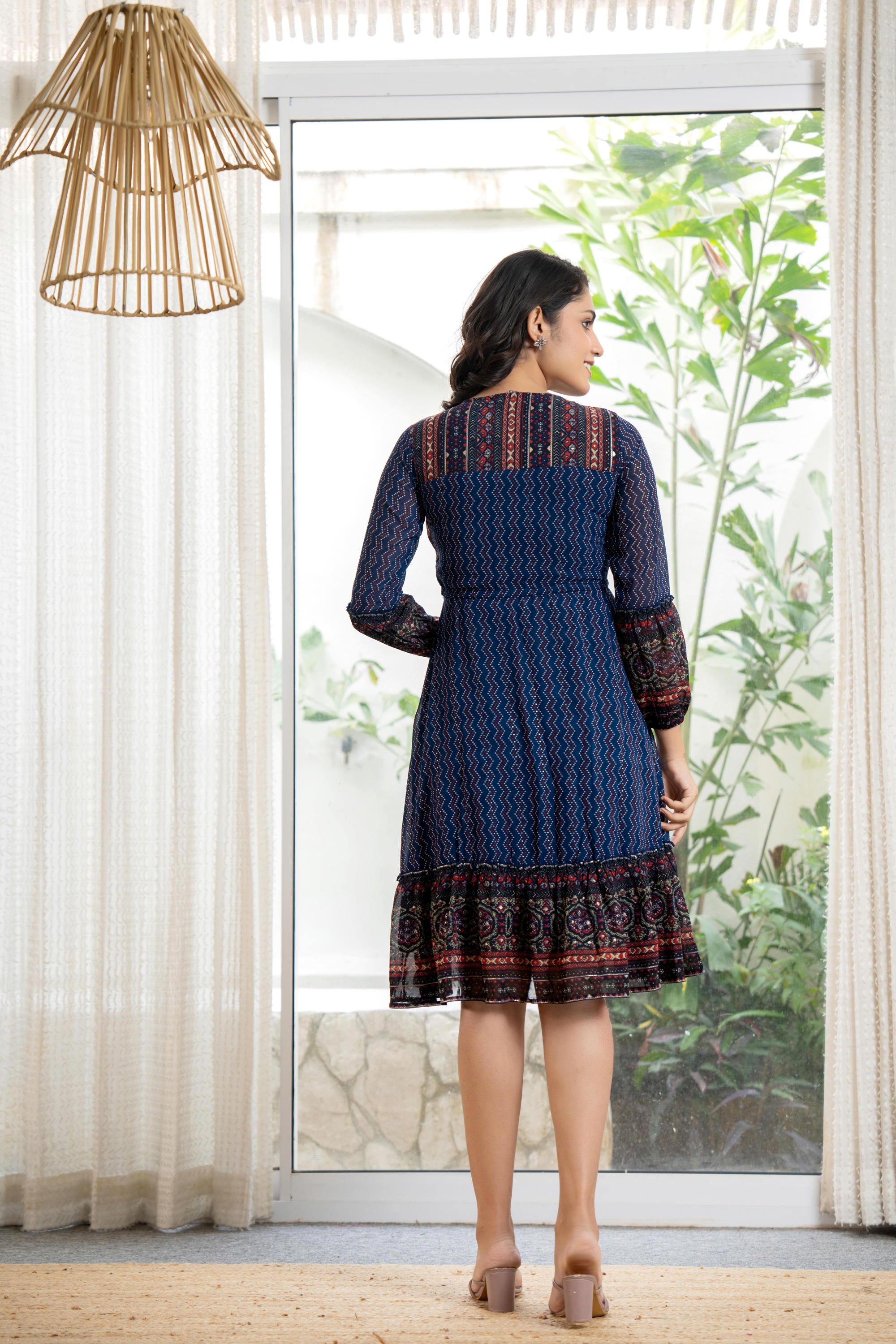 Navy Ethnic Motif Printed Georgette Dress With Sequins & Doris