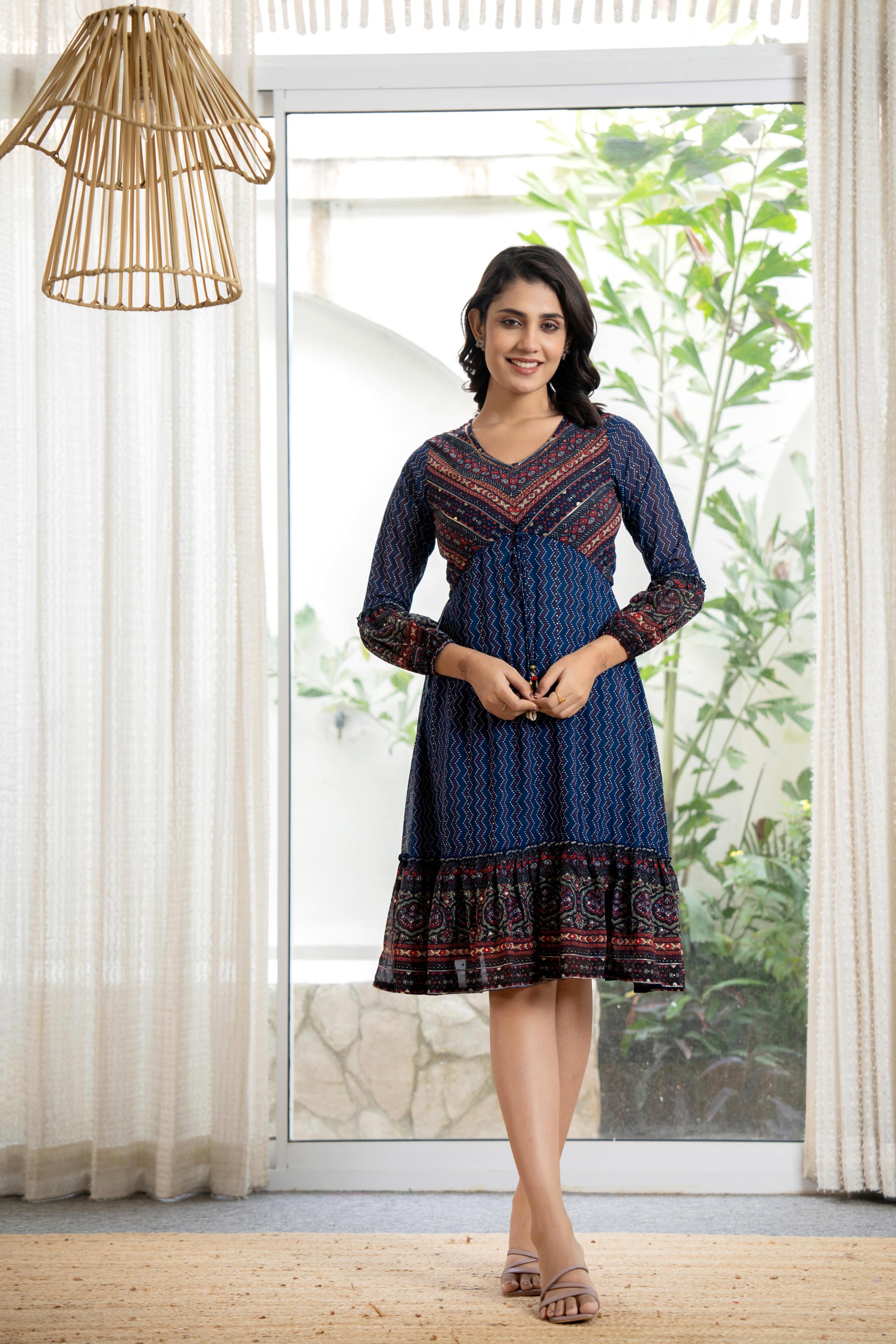 Navy Ethnic Motif Printed Georgette Dress With Sequins & Doris