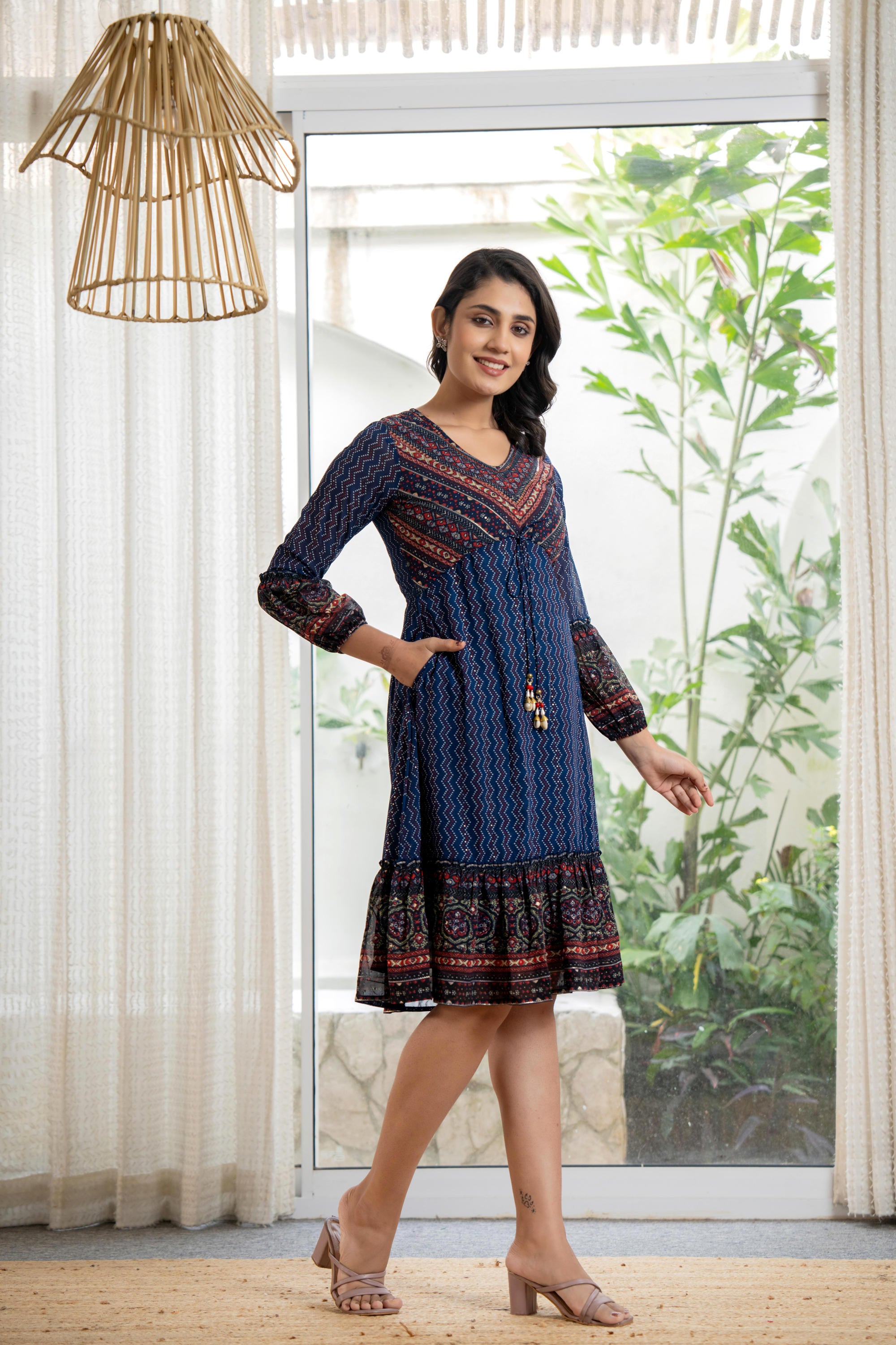 Navy Ethnic Motif Printed Georgette Dress With Sequins & Doris