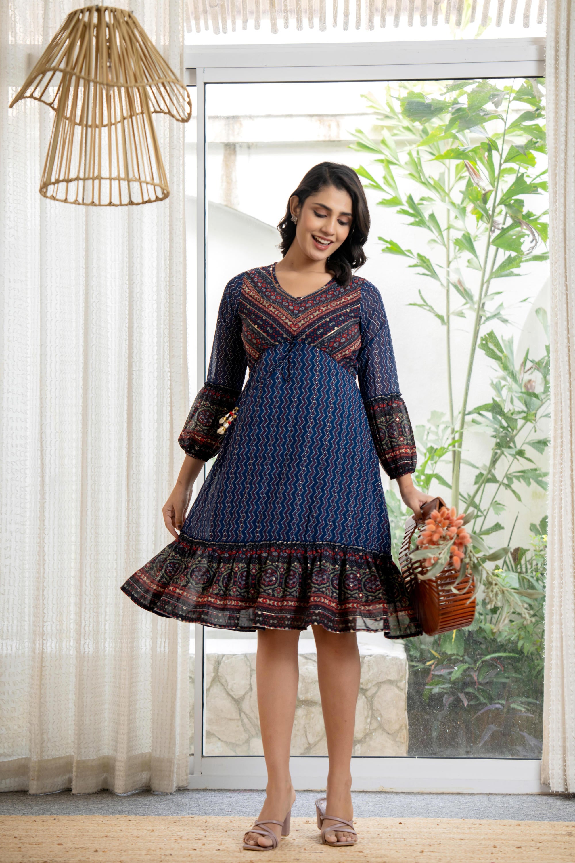 Navy Ethnic Motif Printed Georgette Dress With Sequins & Doris