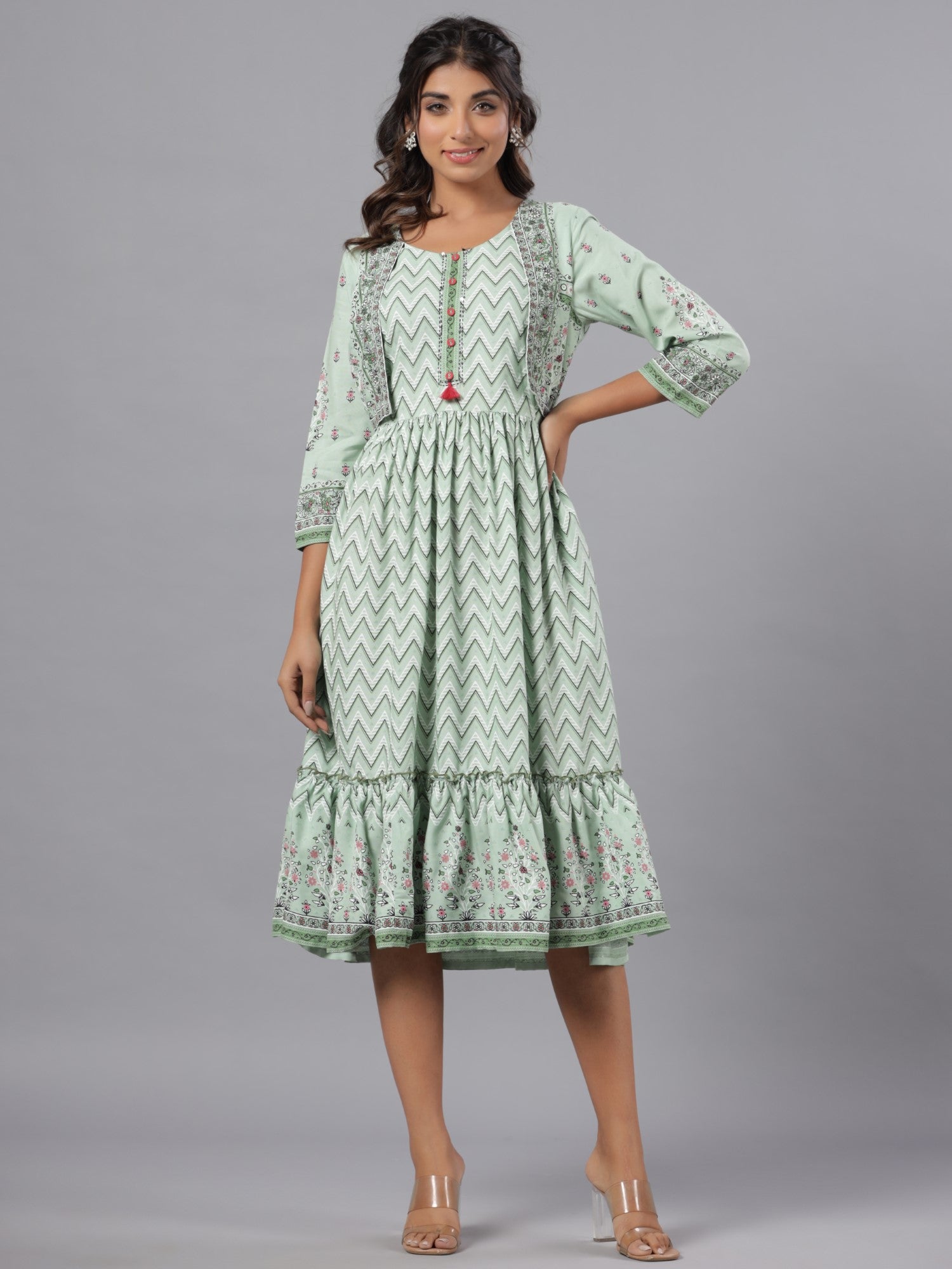 Juniper Women Sage Green LIVA Rayon Printed Jacket Style Midi Dress