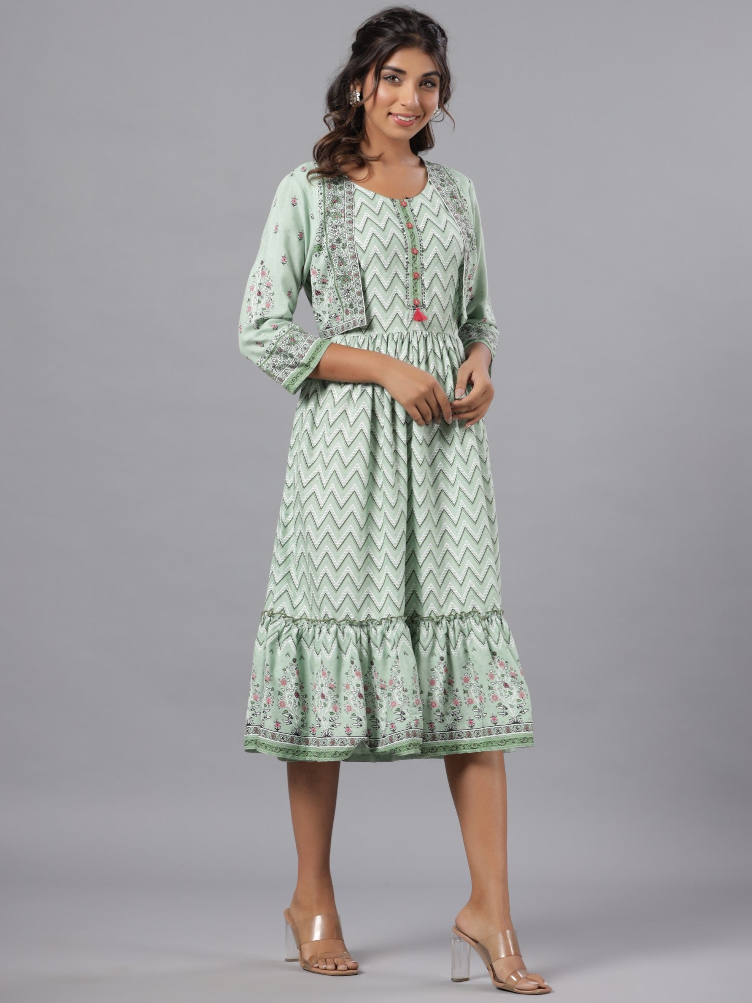 Juniper Women Sage Green LIVA Rayon Printed Jacket Style Midi Dress