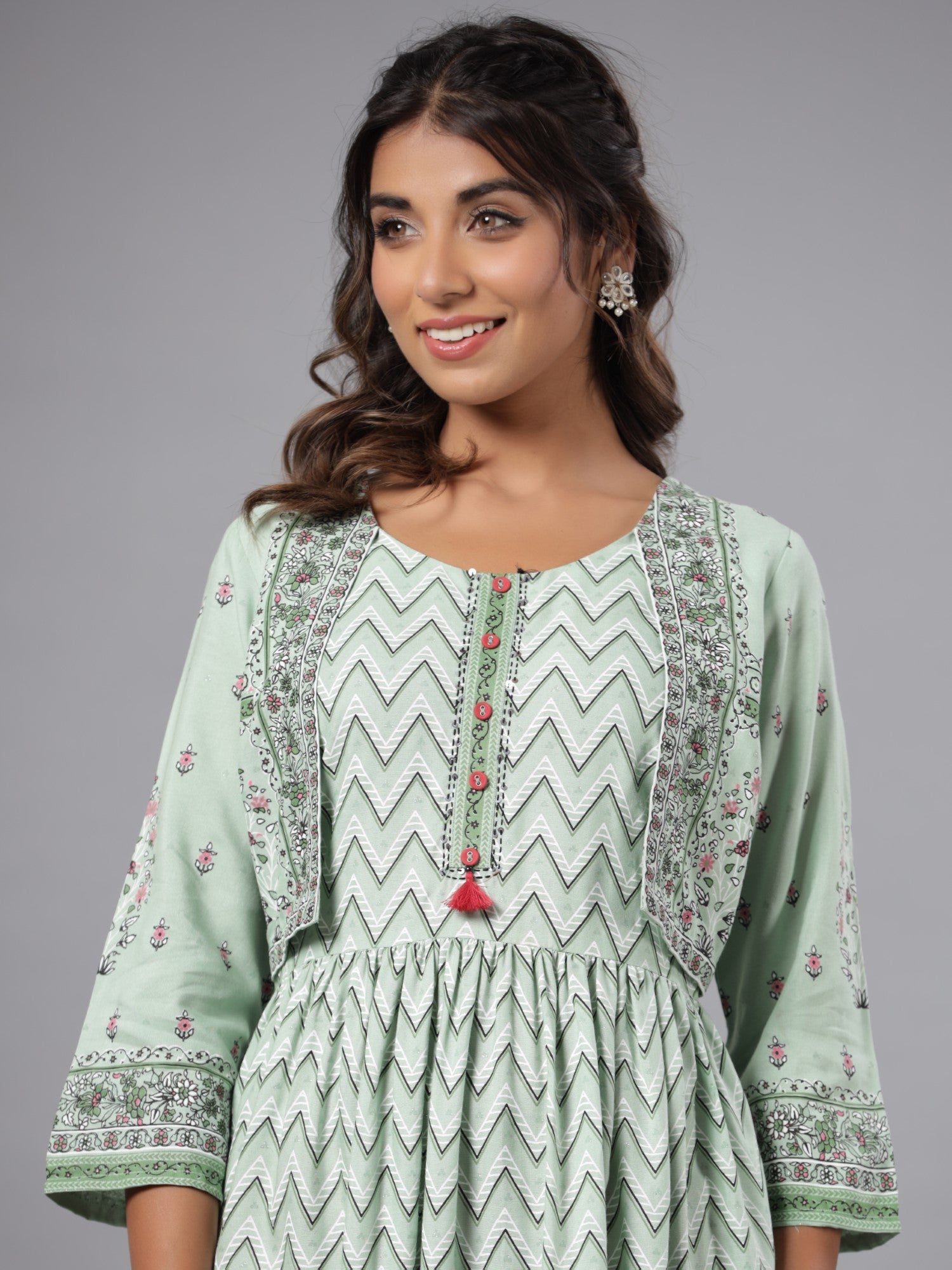 Juniper Women Sage Green LIVA Rayon Printed Jacket Style Midi Dress