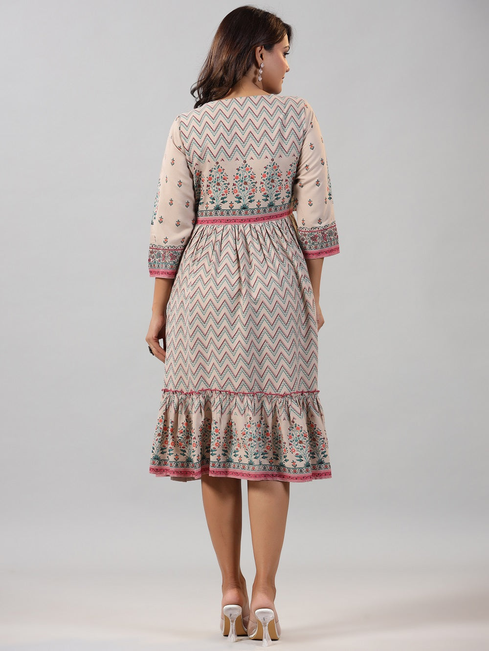 Juniper Women Beige Rayon Printed Jacket Style Midi Dress