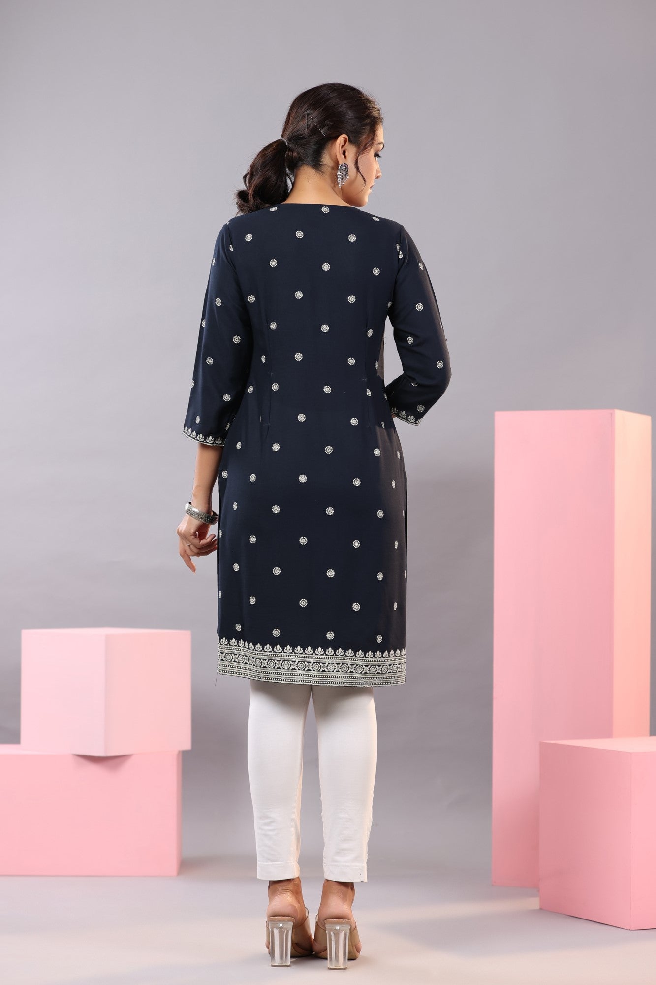 Juniper Women Navy Blue Rayon Printed Knee Length Straight Kurta