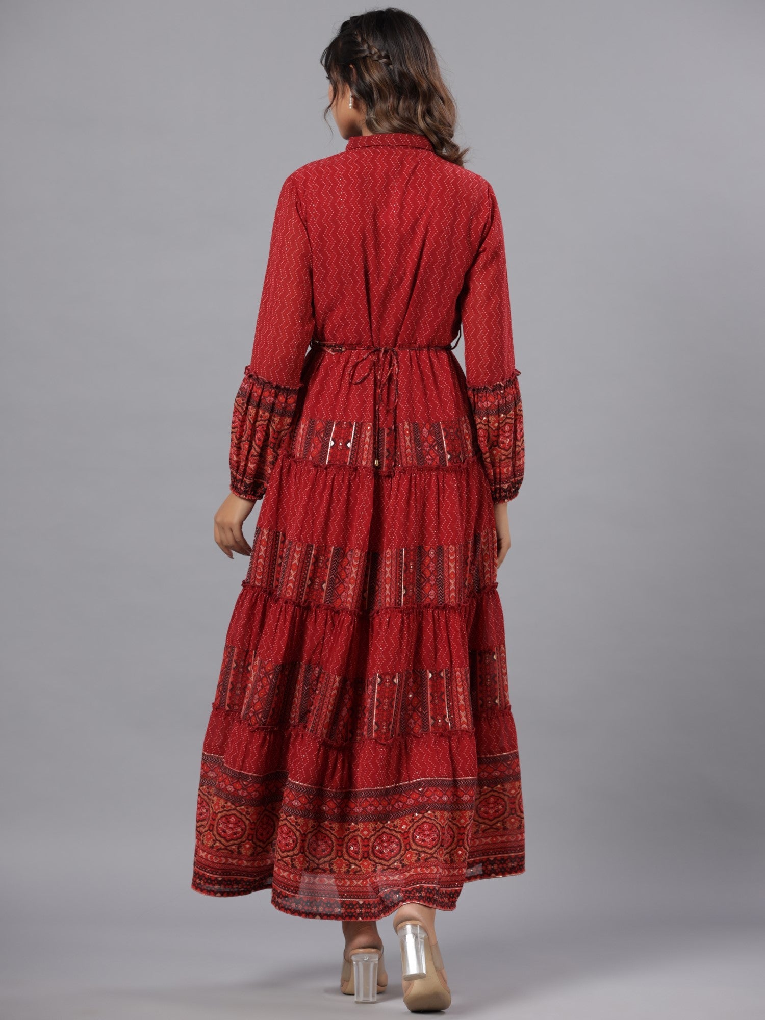 Juniper Rust Ethnic Motif printed Georgette Tiered Maxi Dress With Sequins