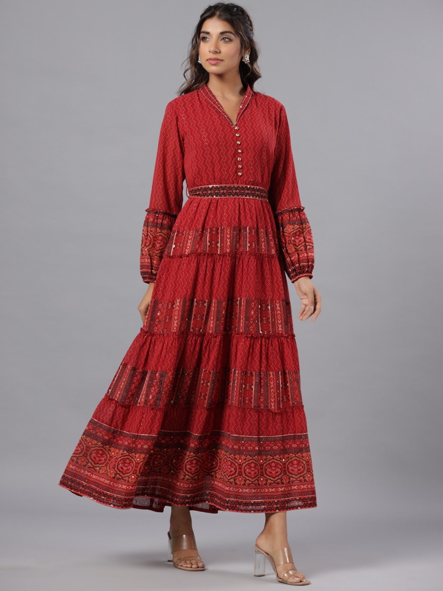 Juniper Rust Ethnic Motif printed Georgette Tiered Maxi Dress With Sequins