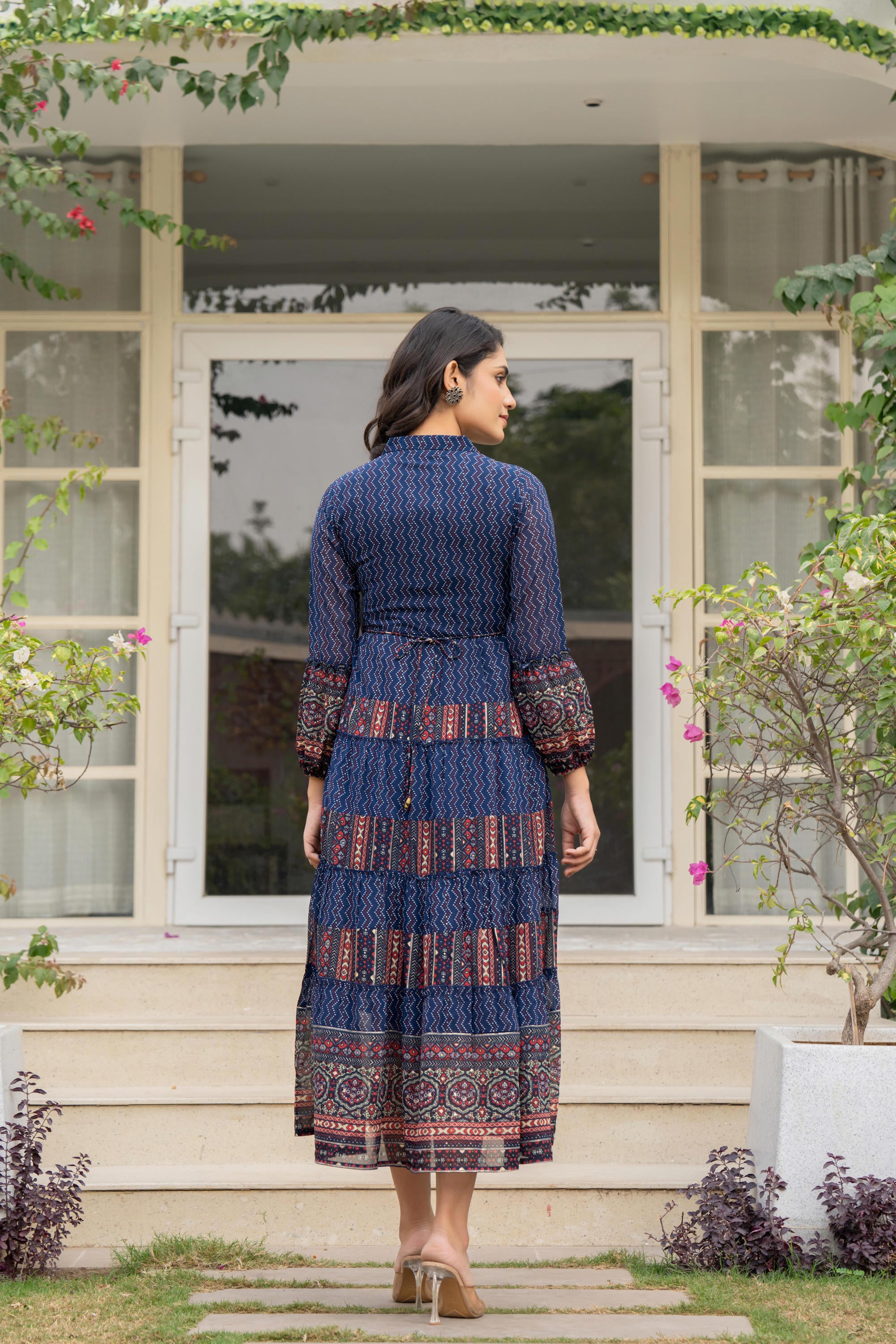 Navy Ethnic Motif Printed Georgette Dress With Belt