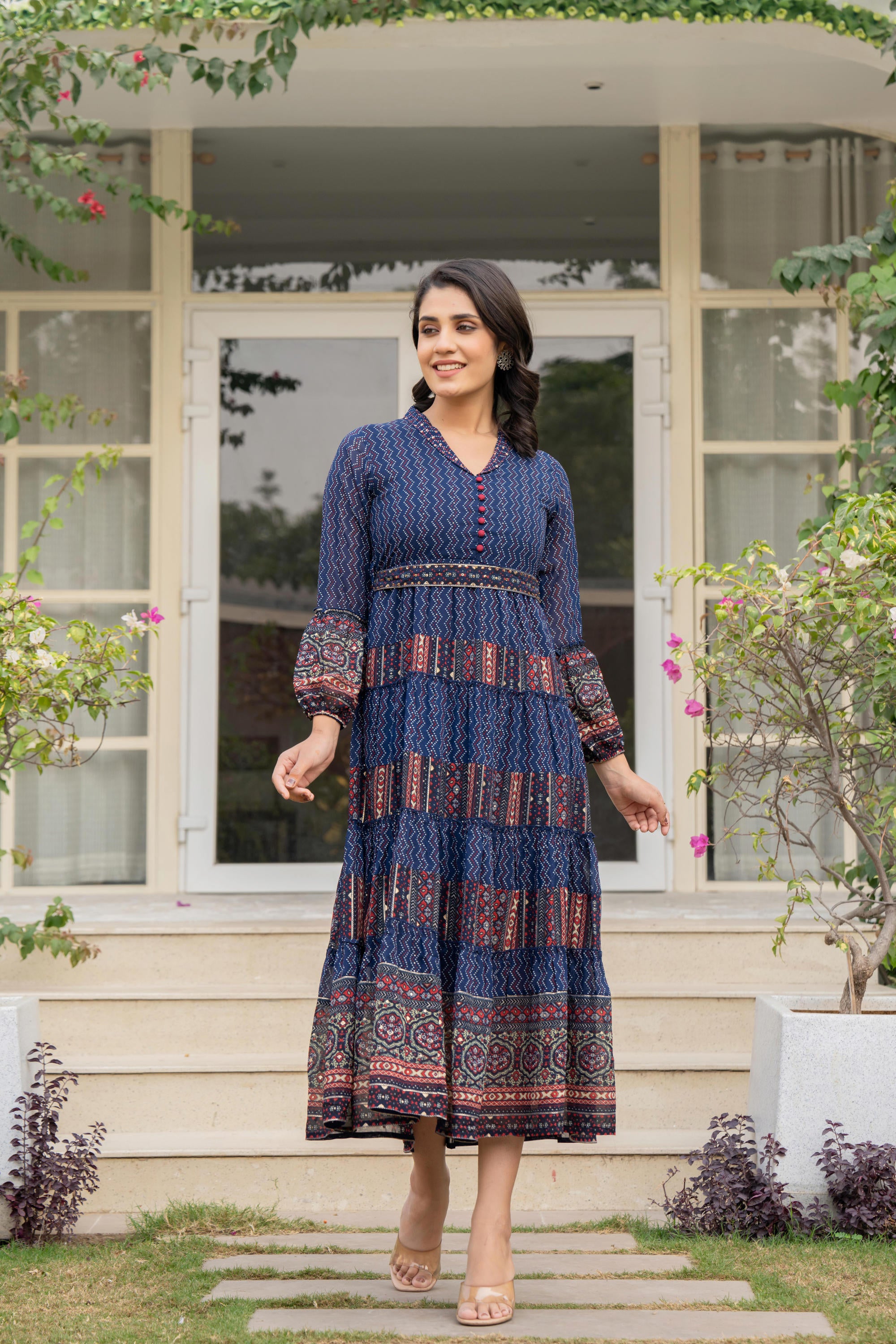 Navy Ethnic Motif Printed Georgette Dress With Belt