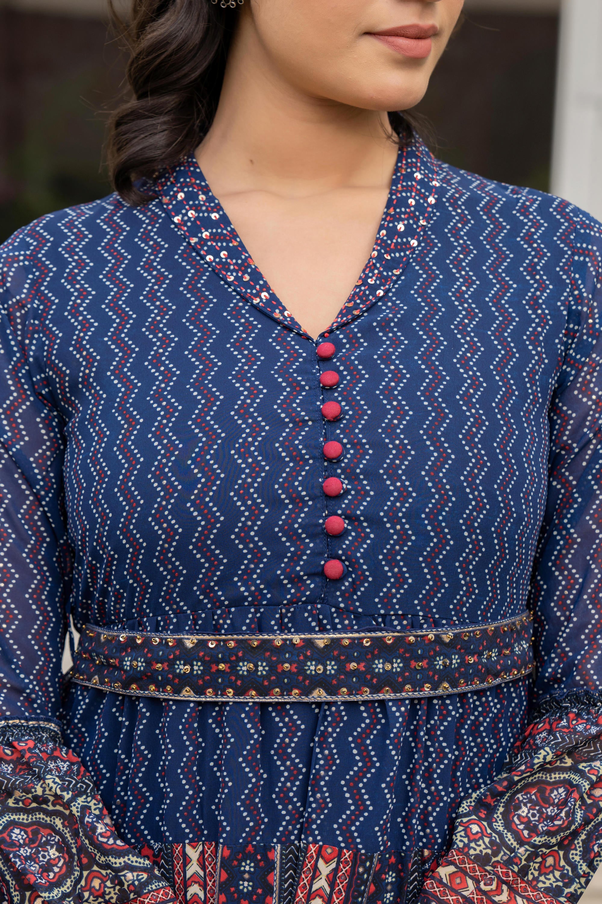 Navy Ethnic Motif Printed Georgette Dress With Belt