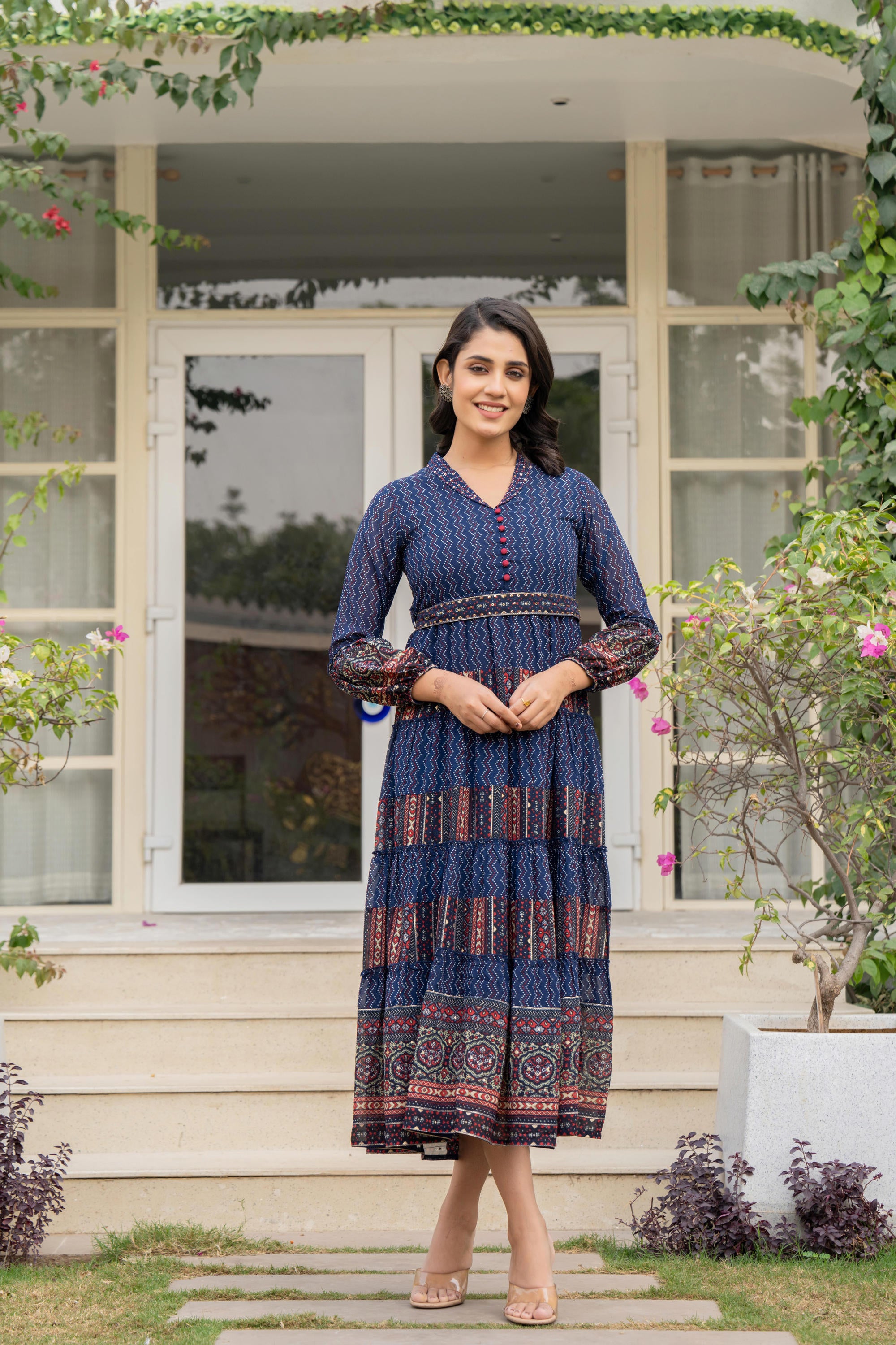 Navy Ethnic Motif Printed Georgette Dress With Belt