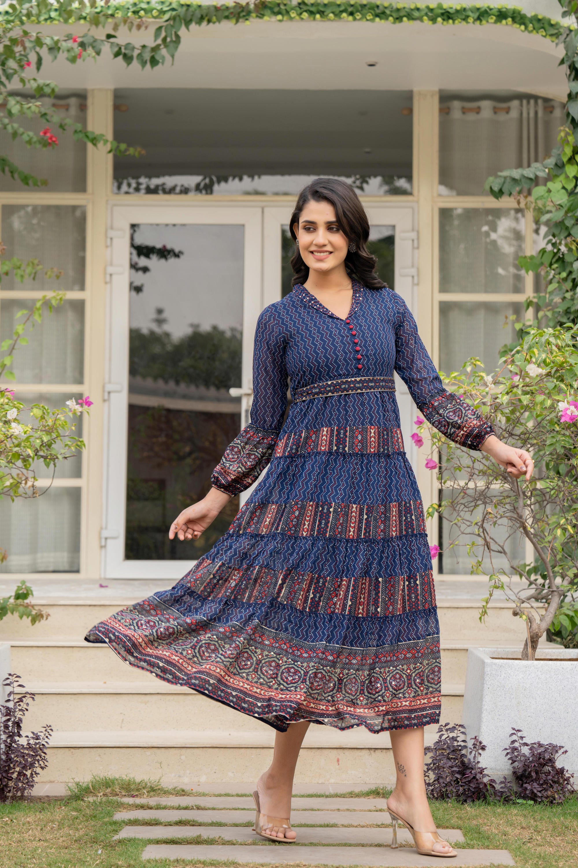 Navy Ethnic Motif Printed Georgette Dress With Belt