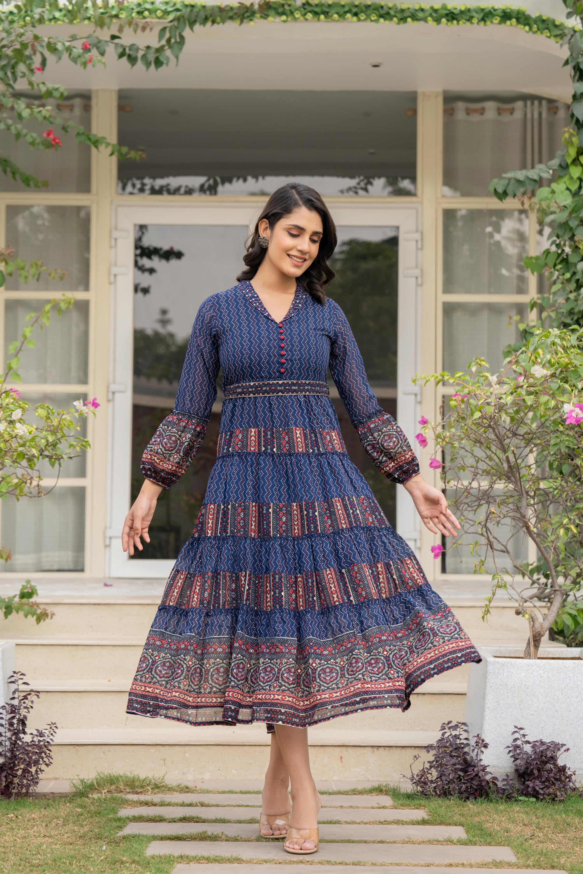 Navy Ethnic Motif Printed Georgette Dress With Belt