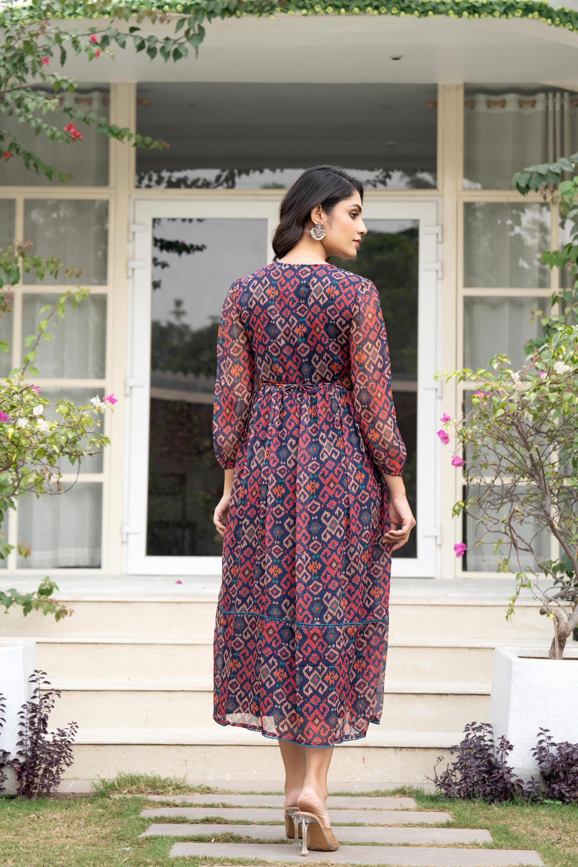 Multi Color Ikat Printed Chiffon Dress With Mirror & Thread Work