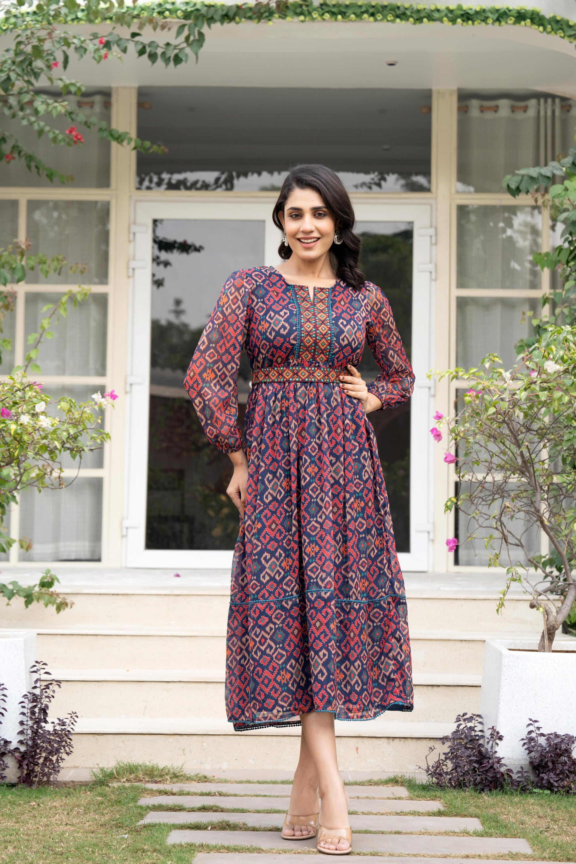 Multi Color Ikat Printed Chiffon Dress With Mirror & Thread Work