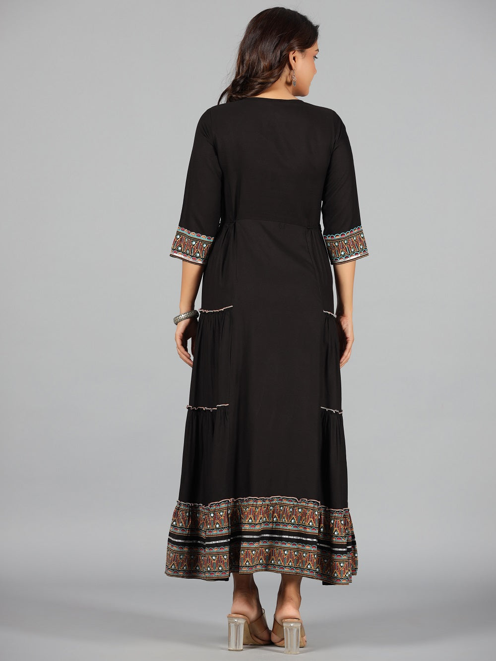 Juniper Women's Black Rayon Staple Printed Tiered Maxi Dress