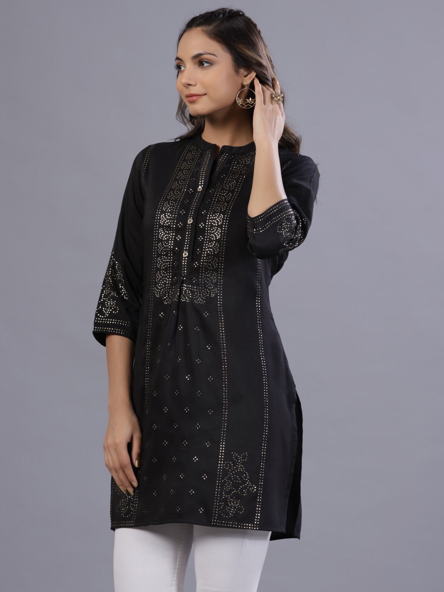 Juniper Women Black Chinon Silk Mukesh Work Straight Tunic