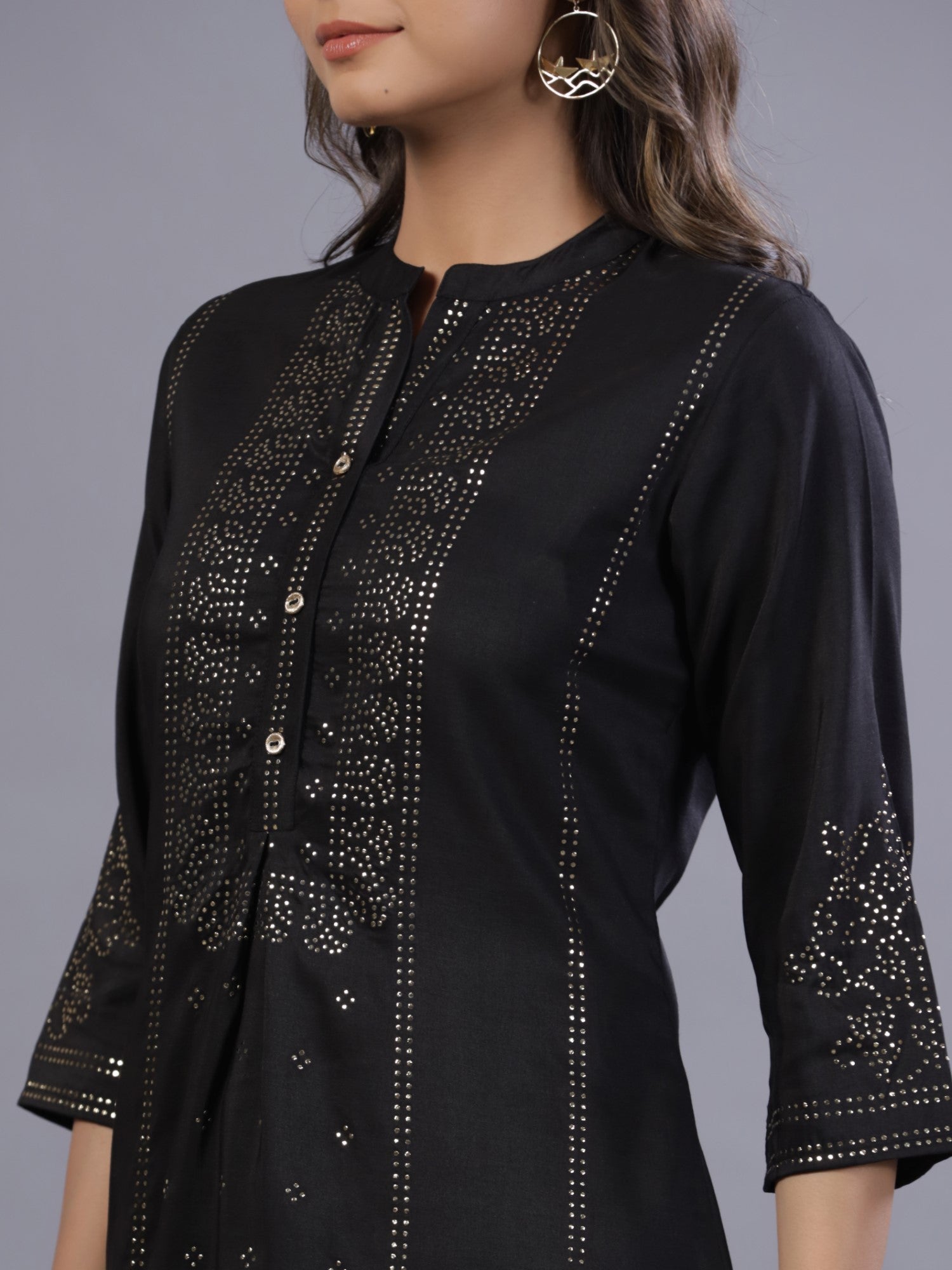 Juniper Women Black Chinon Silk Mukesh Work Straight Tunic