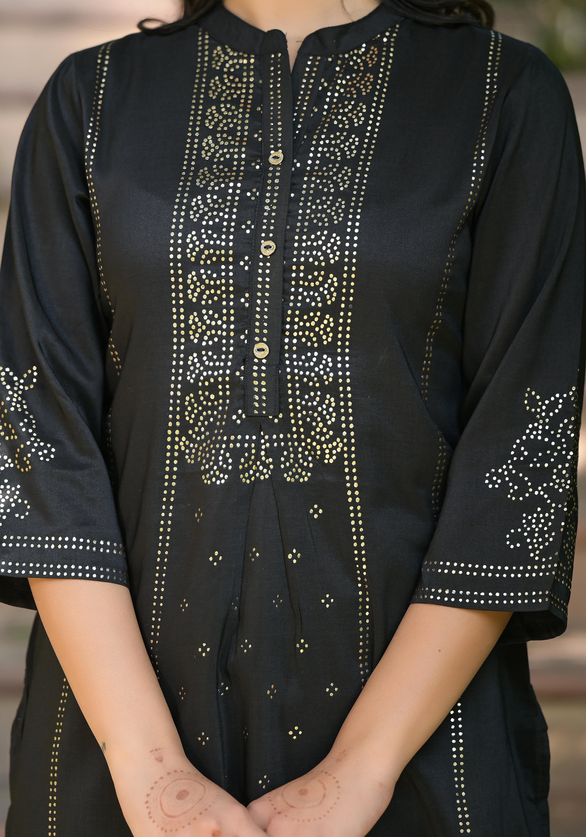 Black Ethnic Motif Printed Silk Tunic With Buttons